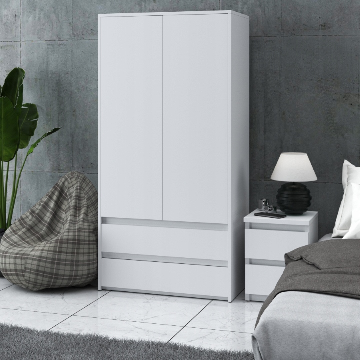 Szafa Biała z 2 Szufladami 2 Drzwi 90 CM Drążek 4 Półki Garderoba Pojemna Kolekcja HIT