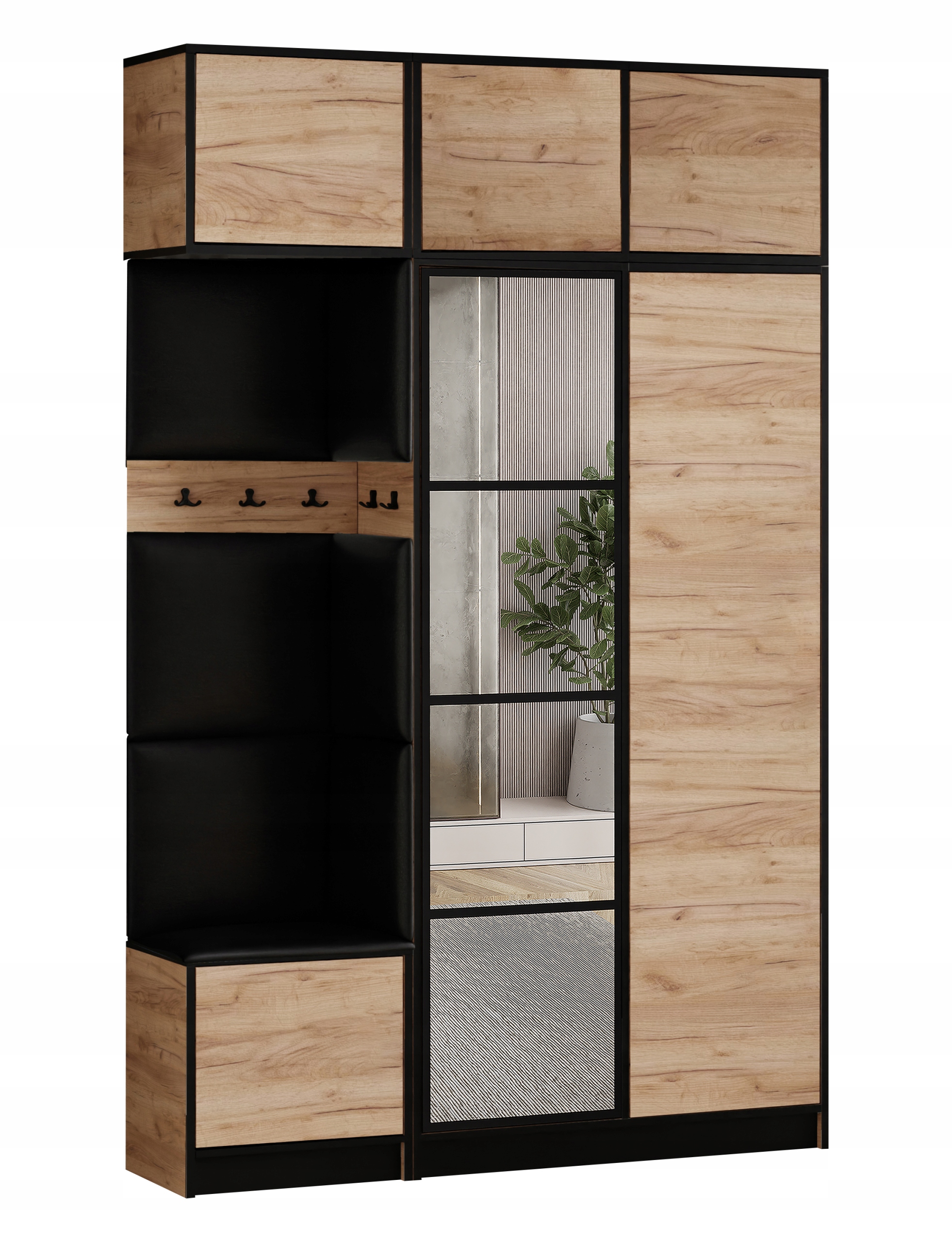 Šatní skříň Costa 13 dub craft zlatý ekokůže, černý sedák s nástavcem