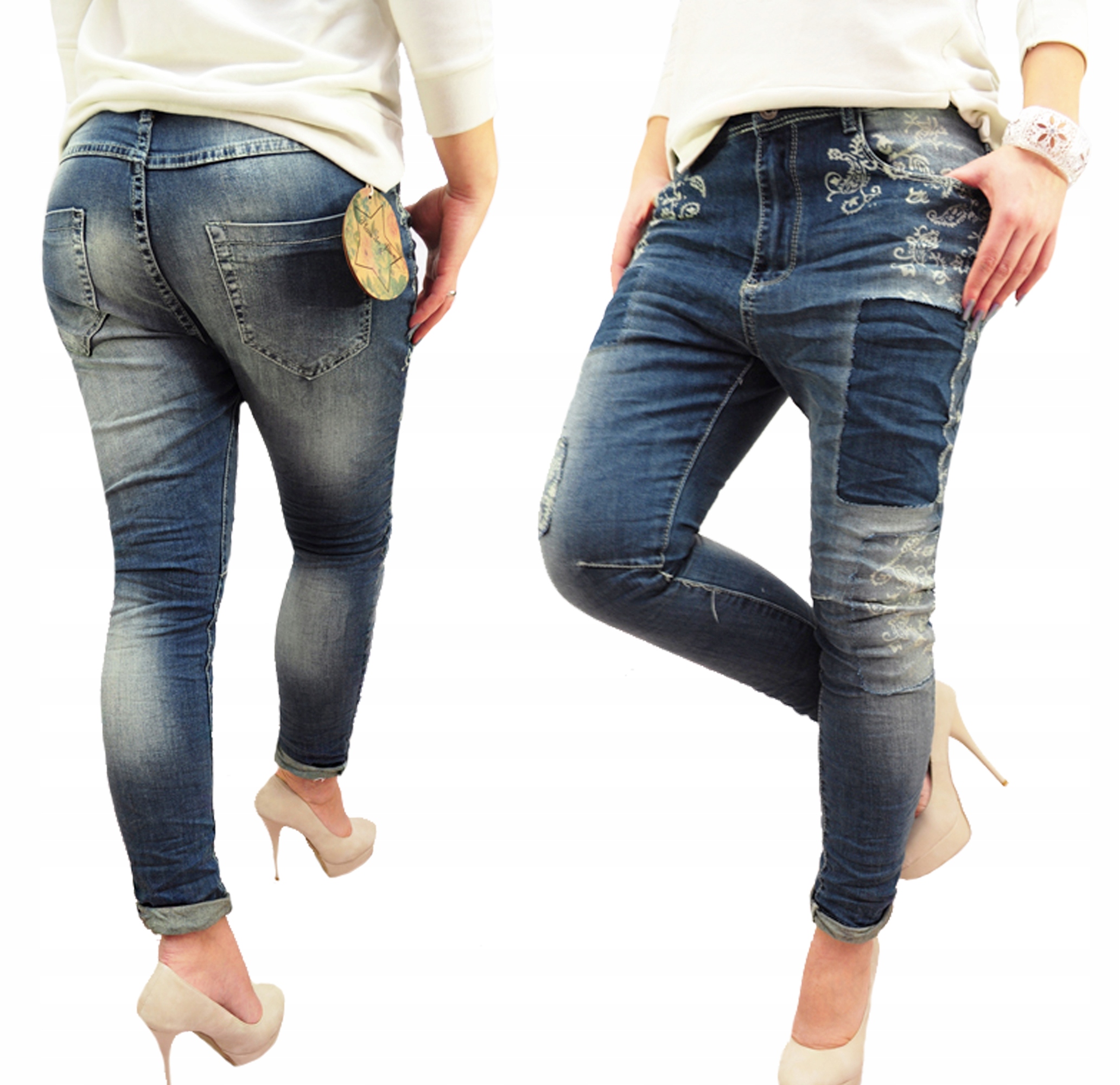 

Luźne Jeansy Baggy Print Łaty Obniżony Krok M 38