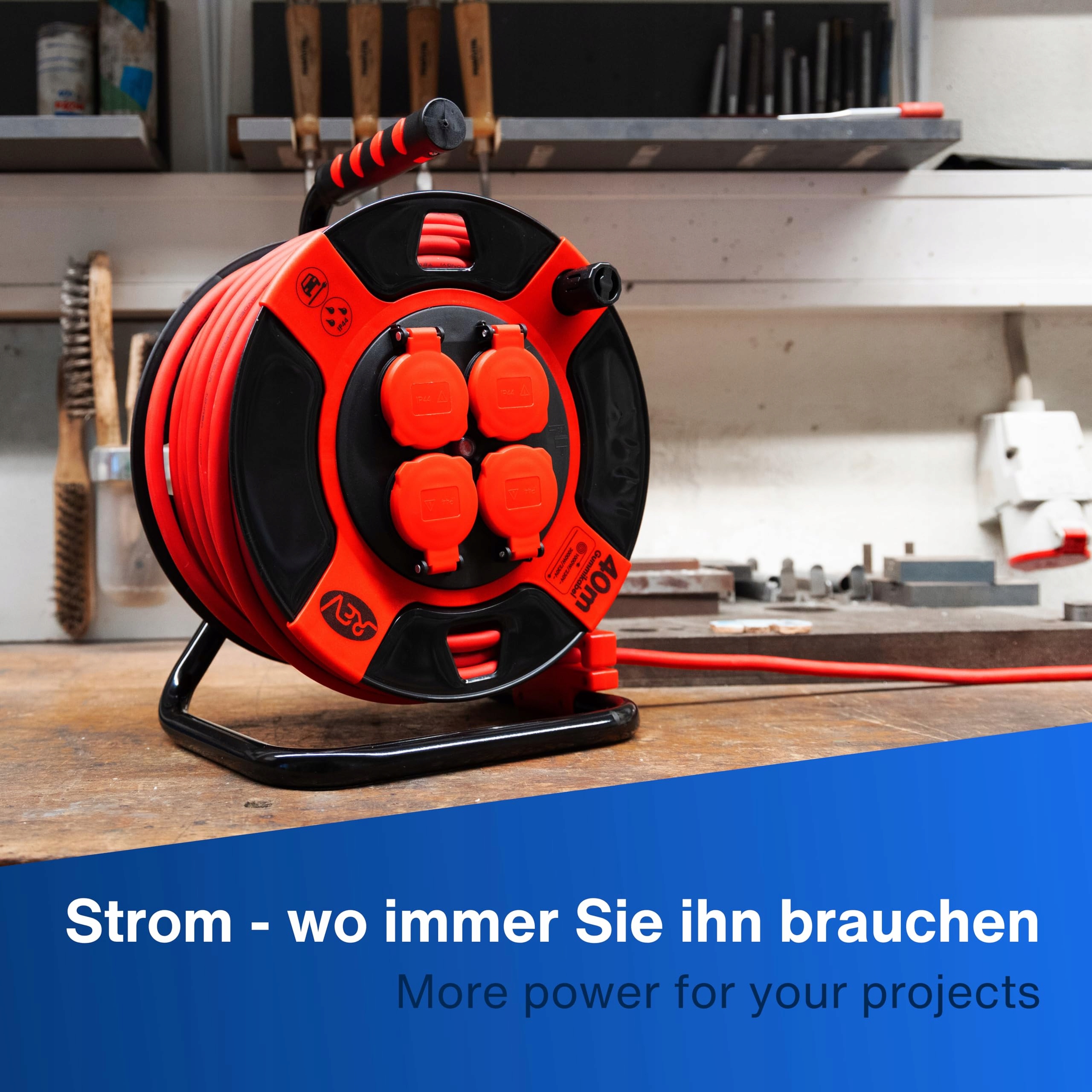 REV Kabel Bębnowy 40m H07RN IP44 3000W Przedłużacz 4 Gniazda — miniatura 8