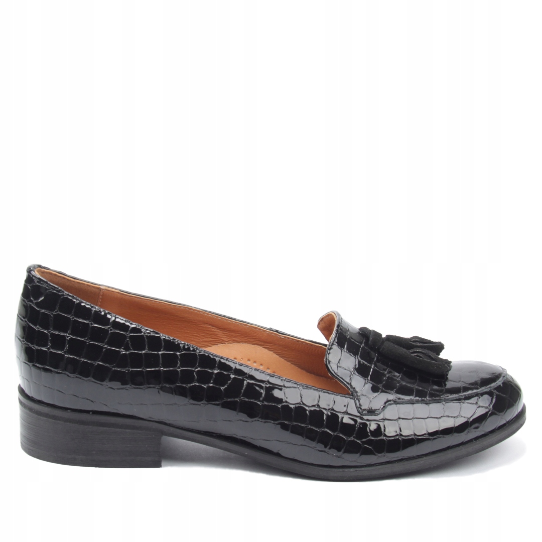 

Damskie czarne mokasyny skórzane lakier Stag 40