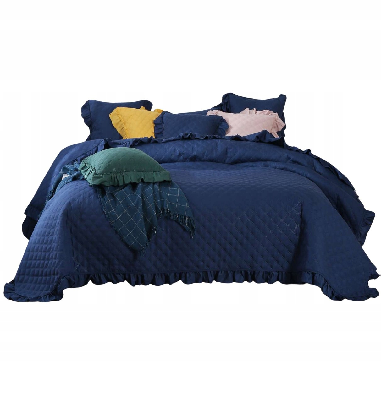 Dekorativní přehoz Ruffy 220x240 prošívaný s volánkem, tmavě modrý