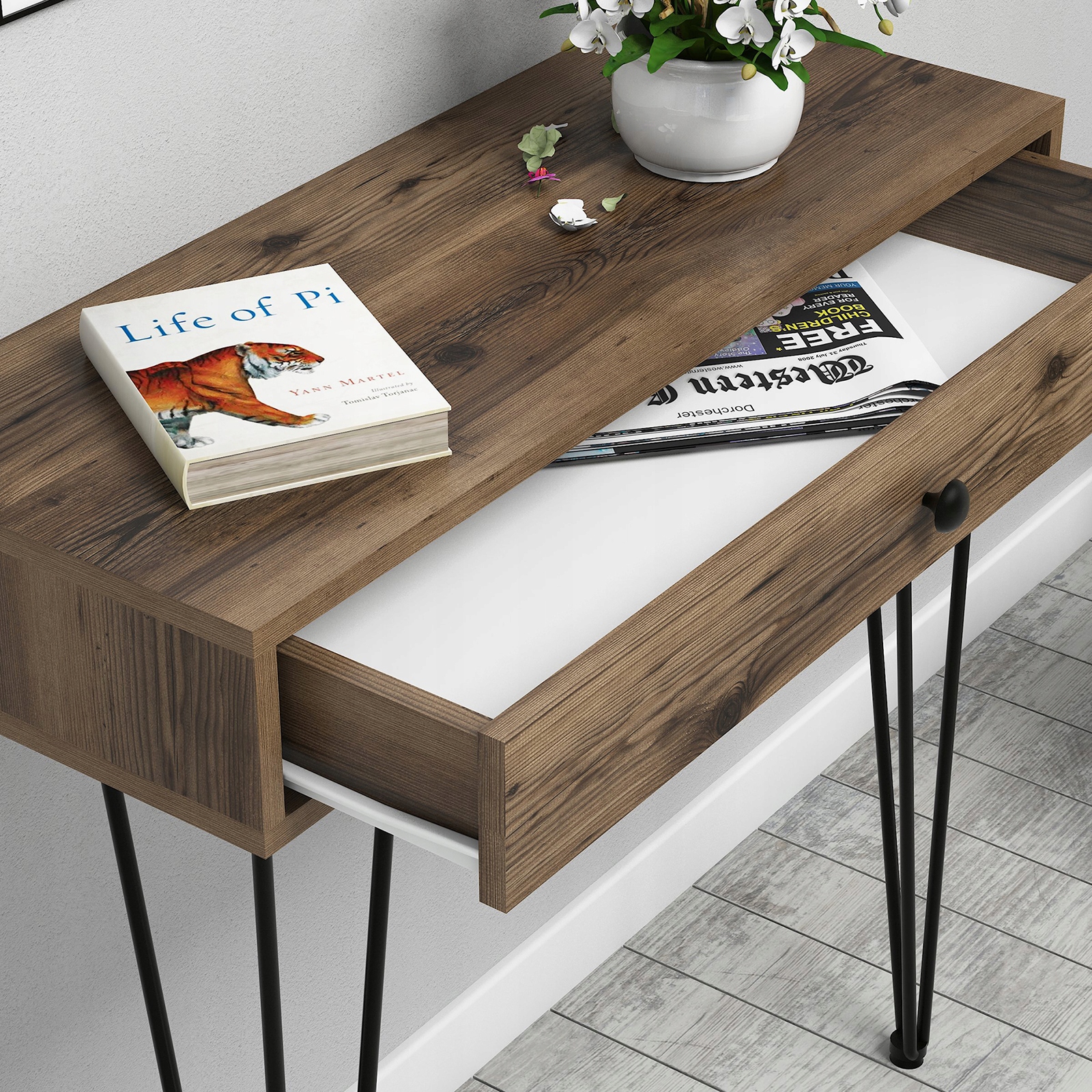 KONSOLA Z SZUFLADĄ 90cm LOFT PRZEDPOKOJU Surowy Styl Salonu Orzech Włoski Głębokość mebla 35 cm