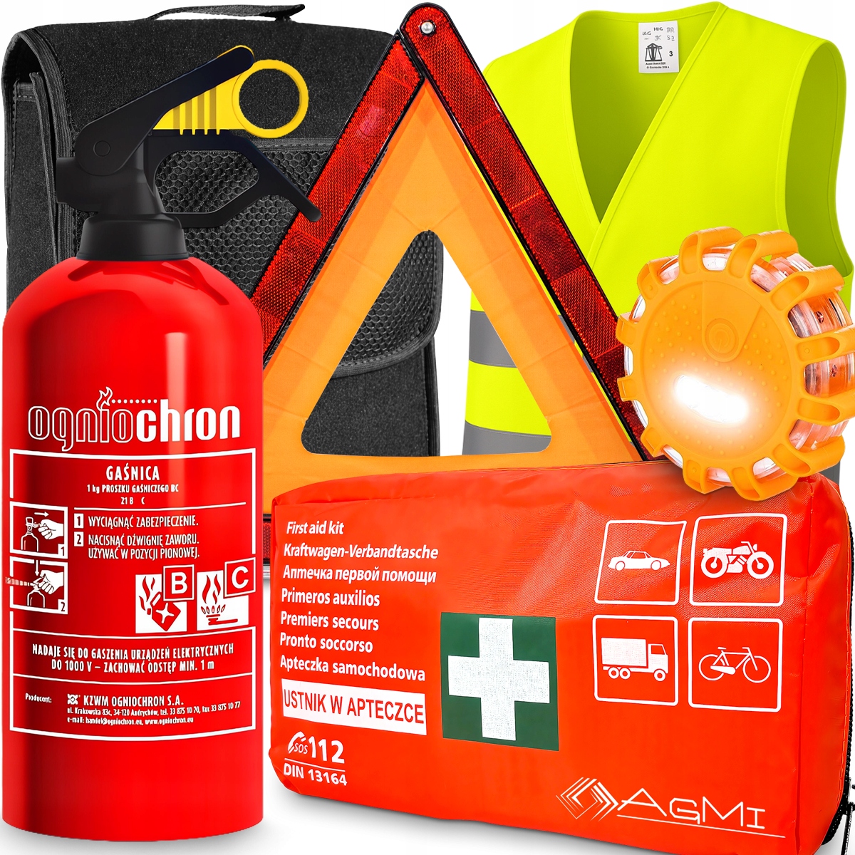 Hasicí Přístroj 1 kg Lékárnička Din Světelná lucerna Reflexní vesta Trojúhelníková taška