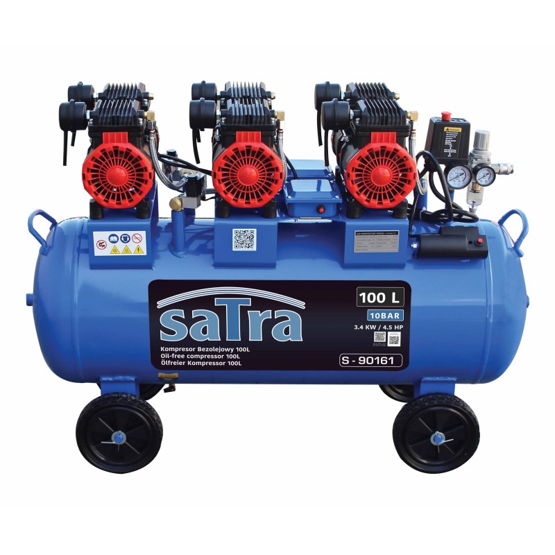 Bezolejový Kompresor Vzduchový Kompresor 100 L 3400 W 10 Bar 230 V Tichý Satra