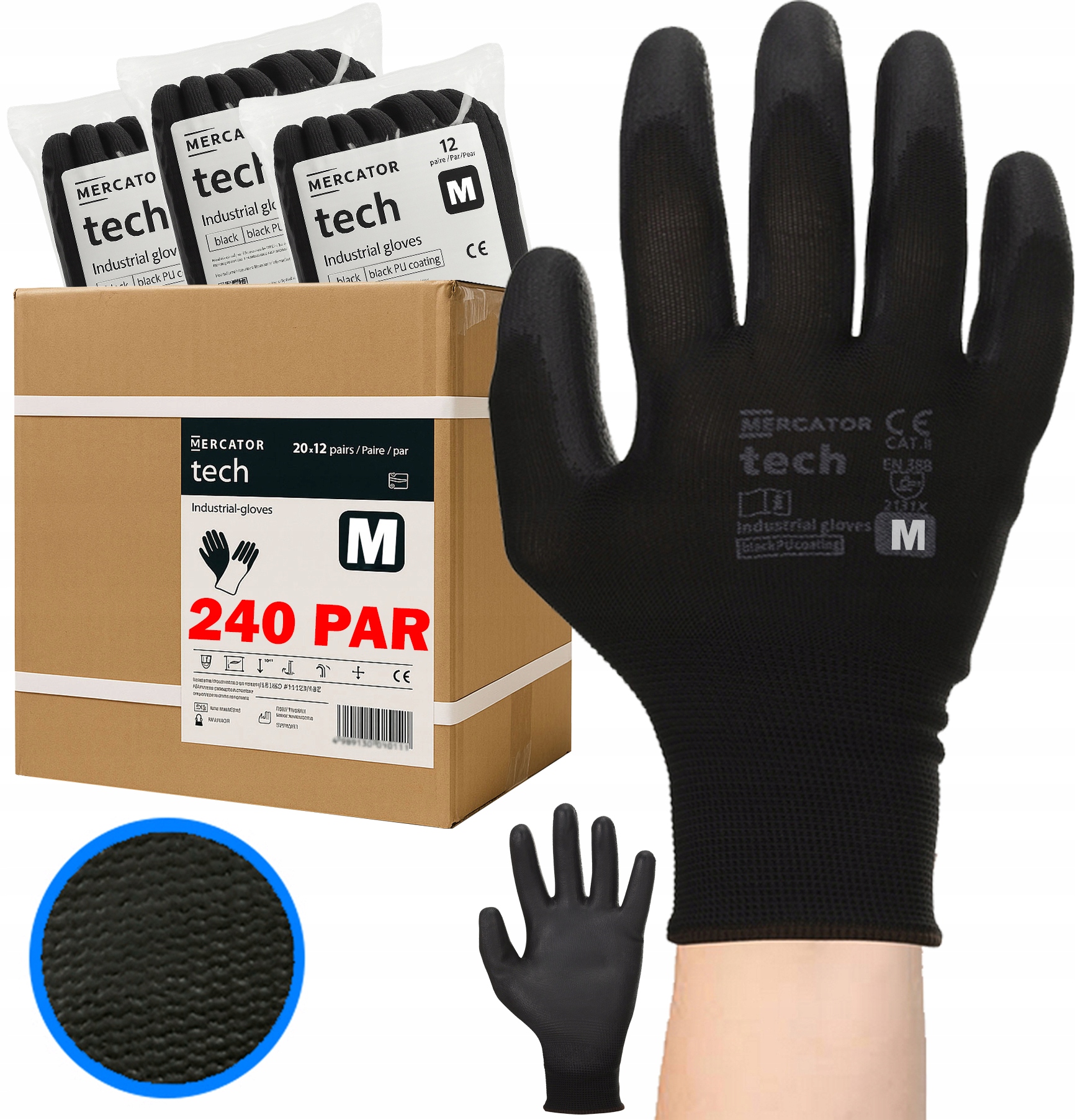 Levně Pracovní Rukavice Tech Mercator Black+Black Poliur Lehké r.M 240 párů