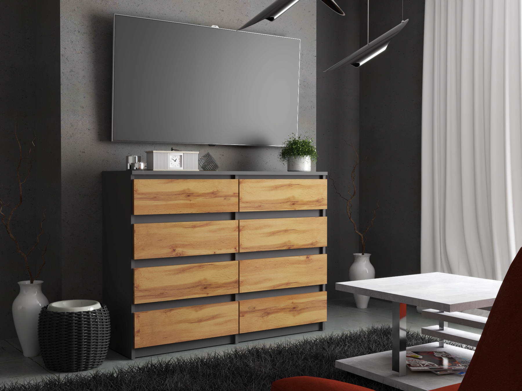 Duża Komoda z Szufladami 120 CM 8 Szuflad Szara Dąb Wotan Szafka Rtv Loft Marka Stiv-Meble