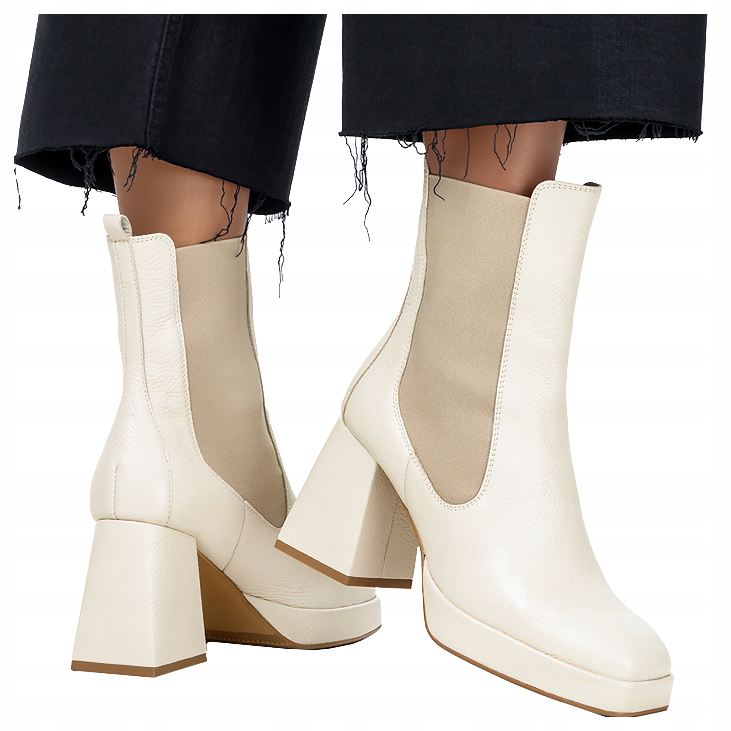 dámské kotníkové boty Béžové Kožené Podpatky Klocek Gumičky Na bocích Pohodlné vel 38