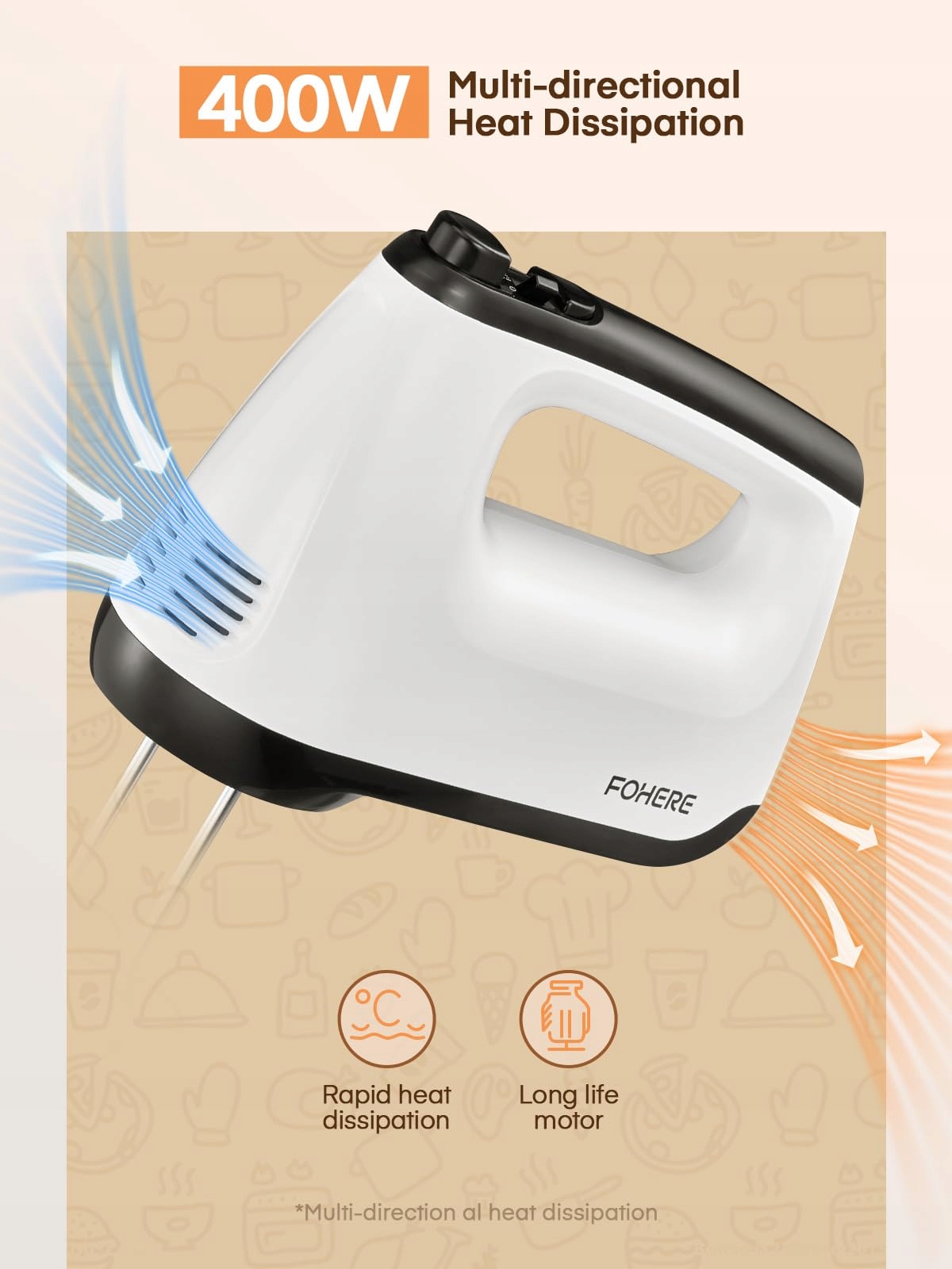 FOHERE MIKSER RĘCZNY 400W 6 PRĘDKOŚCI TURBO CICHY BIAŁY STAL — miniatura 5