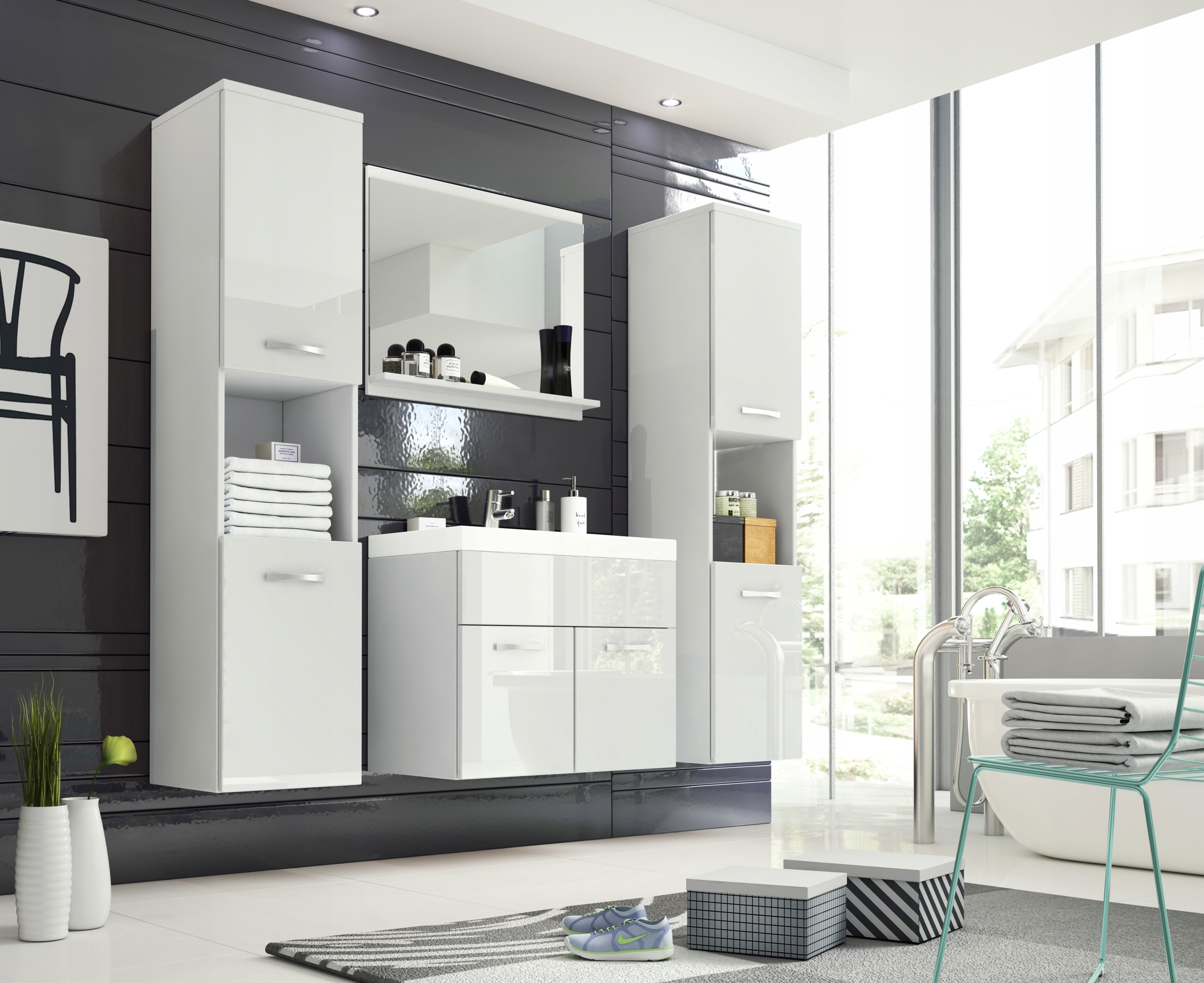 Koupelnový nábytek, závěsný s umyvadlem, zrcadlem, předními sloupky, bílý lesk