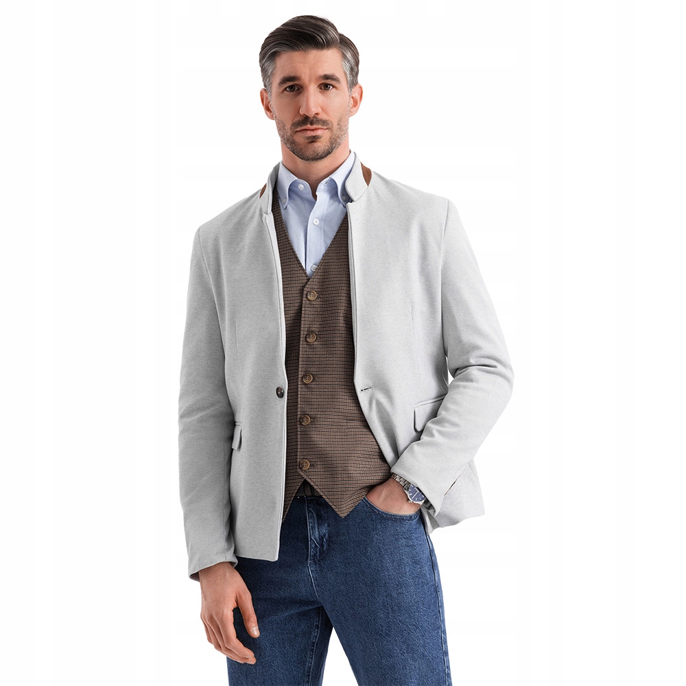 Pánská melanžová sako se stojáčkem šedá melírovaná V4 OM-BLZB-0131 M