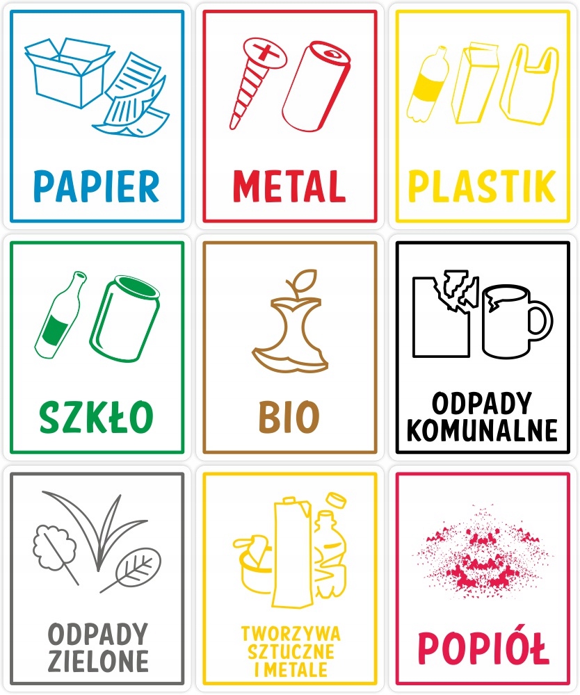 

Naklejki segregacja śmieci na kosz pojemnik 9 szt
