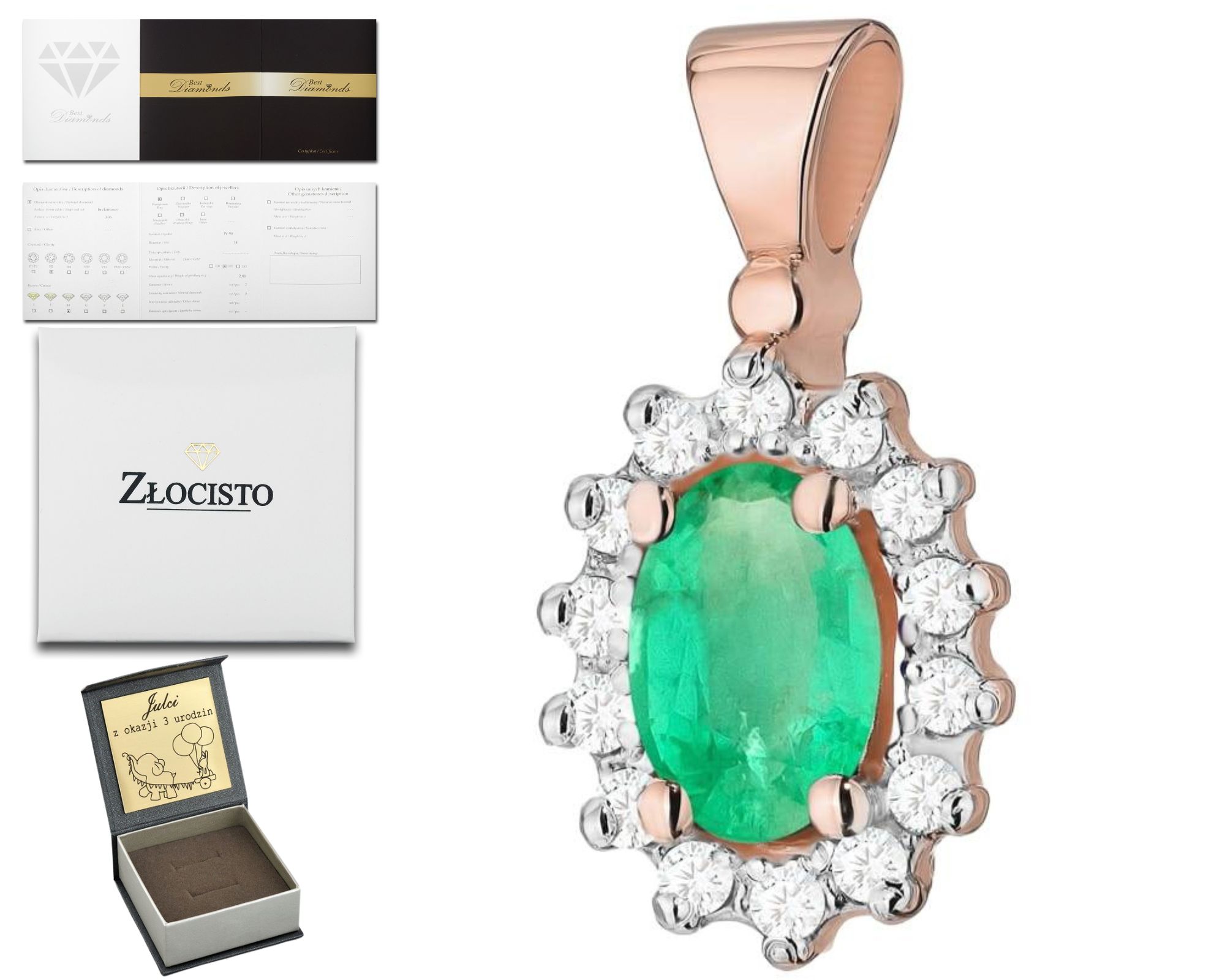 Růžové Zlato Přívěsek Se Zeleným Smaragdem A Brilianty 585 Dárek
