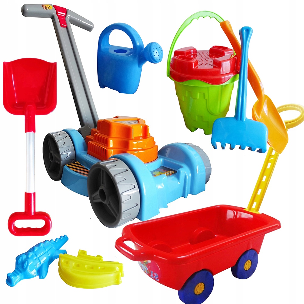 DUŻA KOSIARKA Z DŹWIĘKIEM + WÓZEK TACZKA + FOREMKI + ŁOPATA T