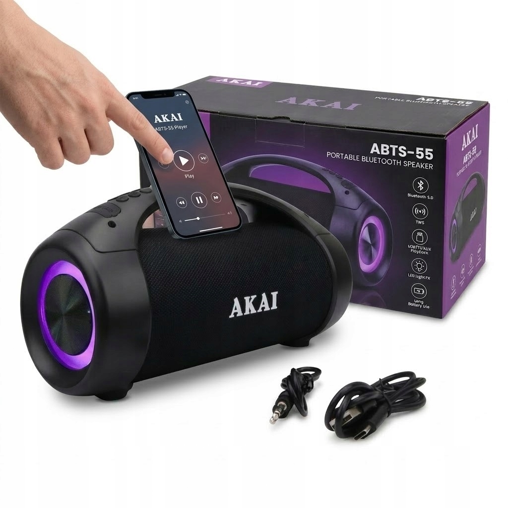 Wodoodporny Głośnik Bluetooth Led Usb Aux Aku 3600mAh Radio Fm Akai ABTS-55