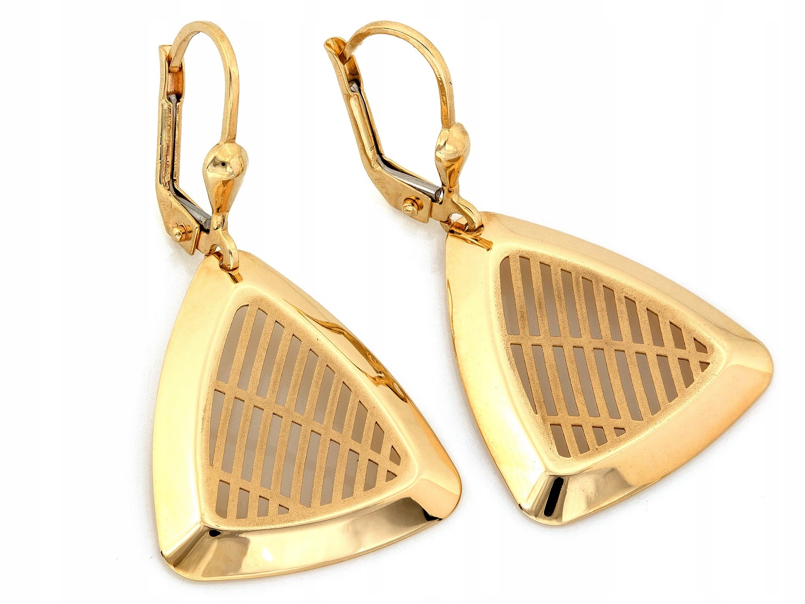 Zlaté náušnice 585, ažurové trojúhelníky 2.94 g, závěsné trojúhelníky s ažurem 14kt