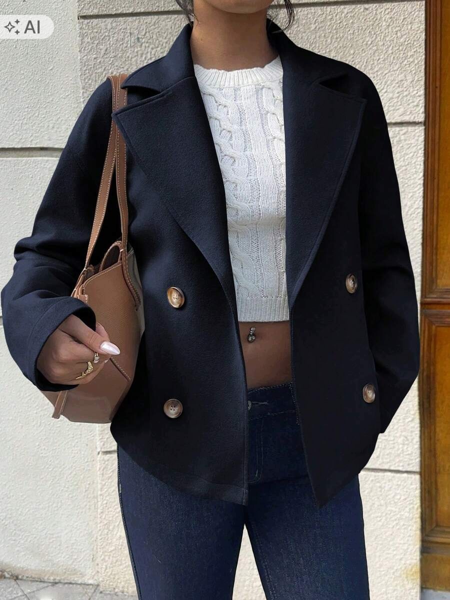 Shein Černý Krátký Dvouřadý Kabát S Klopami, Velikost 1XL