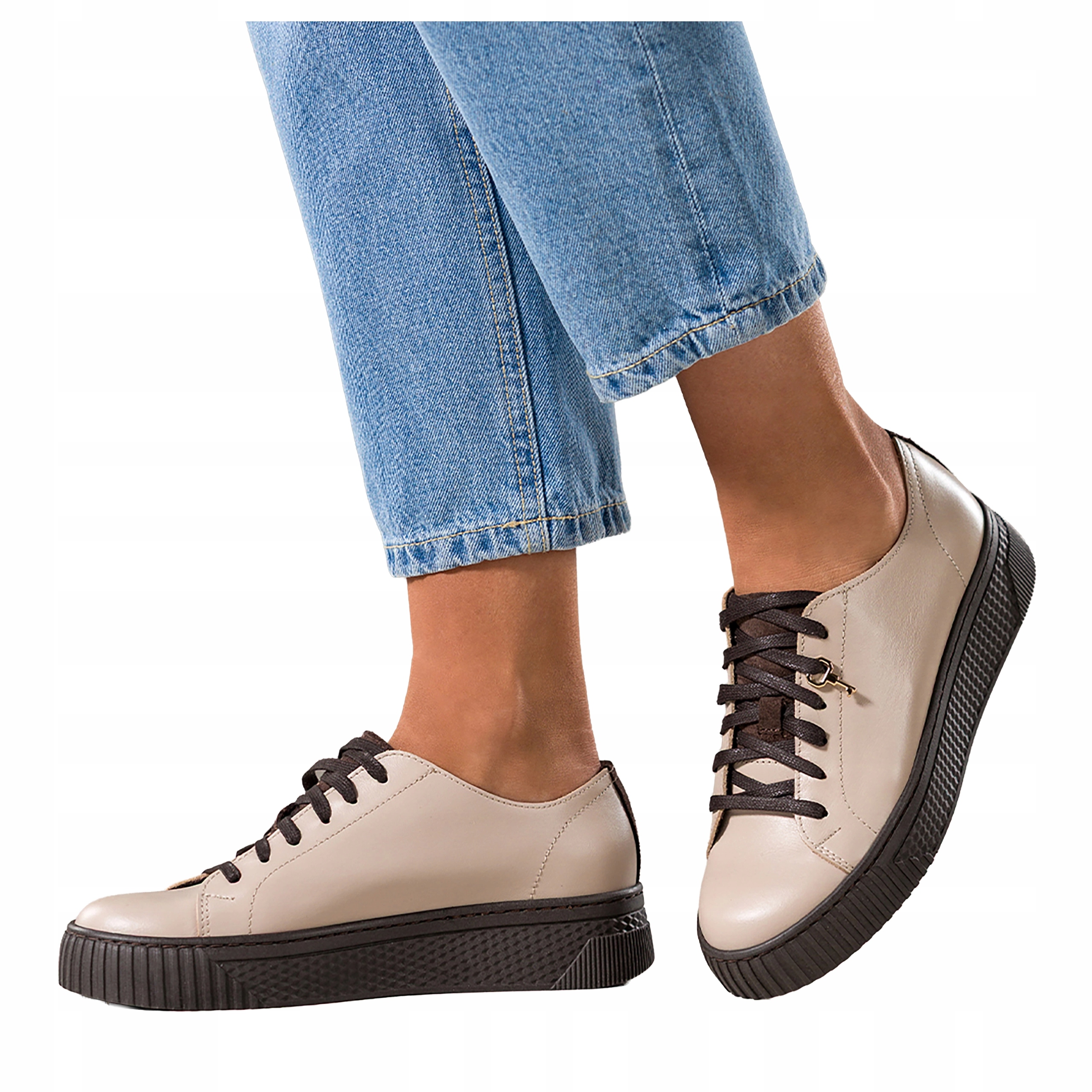 Sneakersy Béžové Dámské Kožené Čokoládová platforma Šněrovací vel. 39