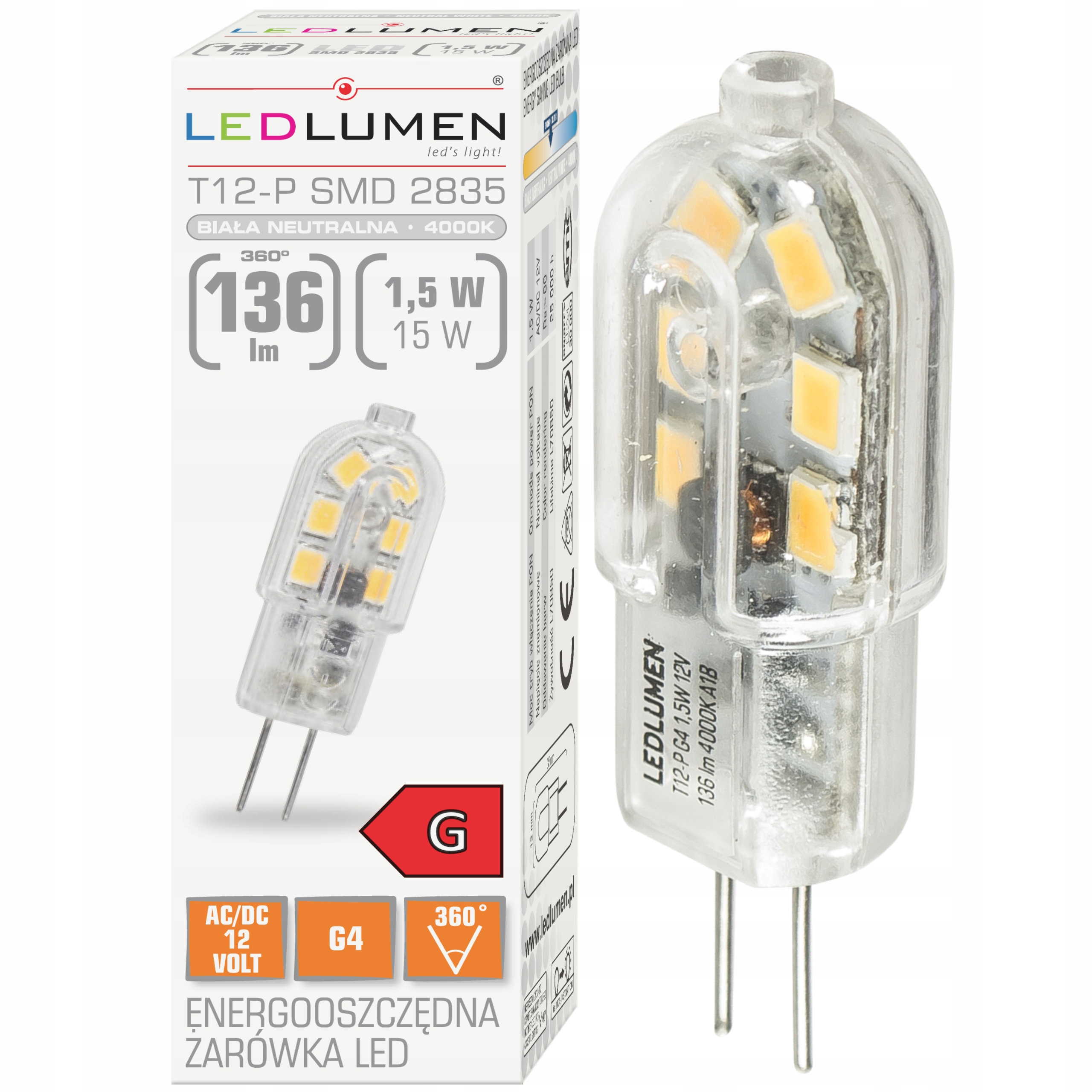 

Żarówka Led G4 12V Ac/dc 1,5W=15W 136lm Neutralna