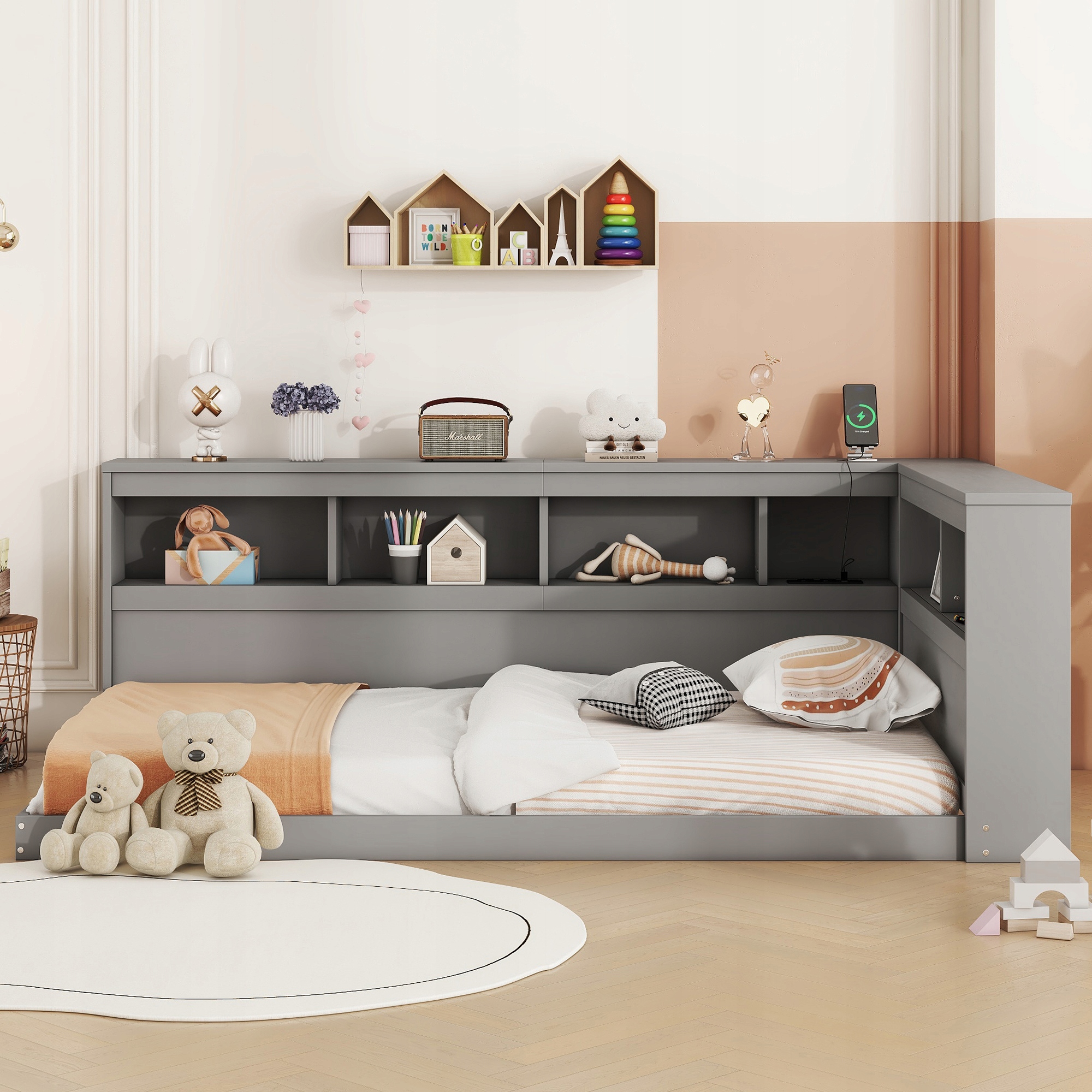 Rozkládací pohovka 90 x 200 cm dvě zásuvky jednolůžko Usb šedá