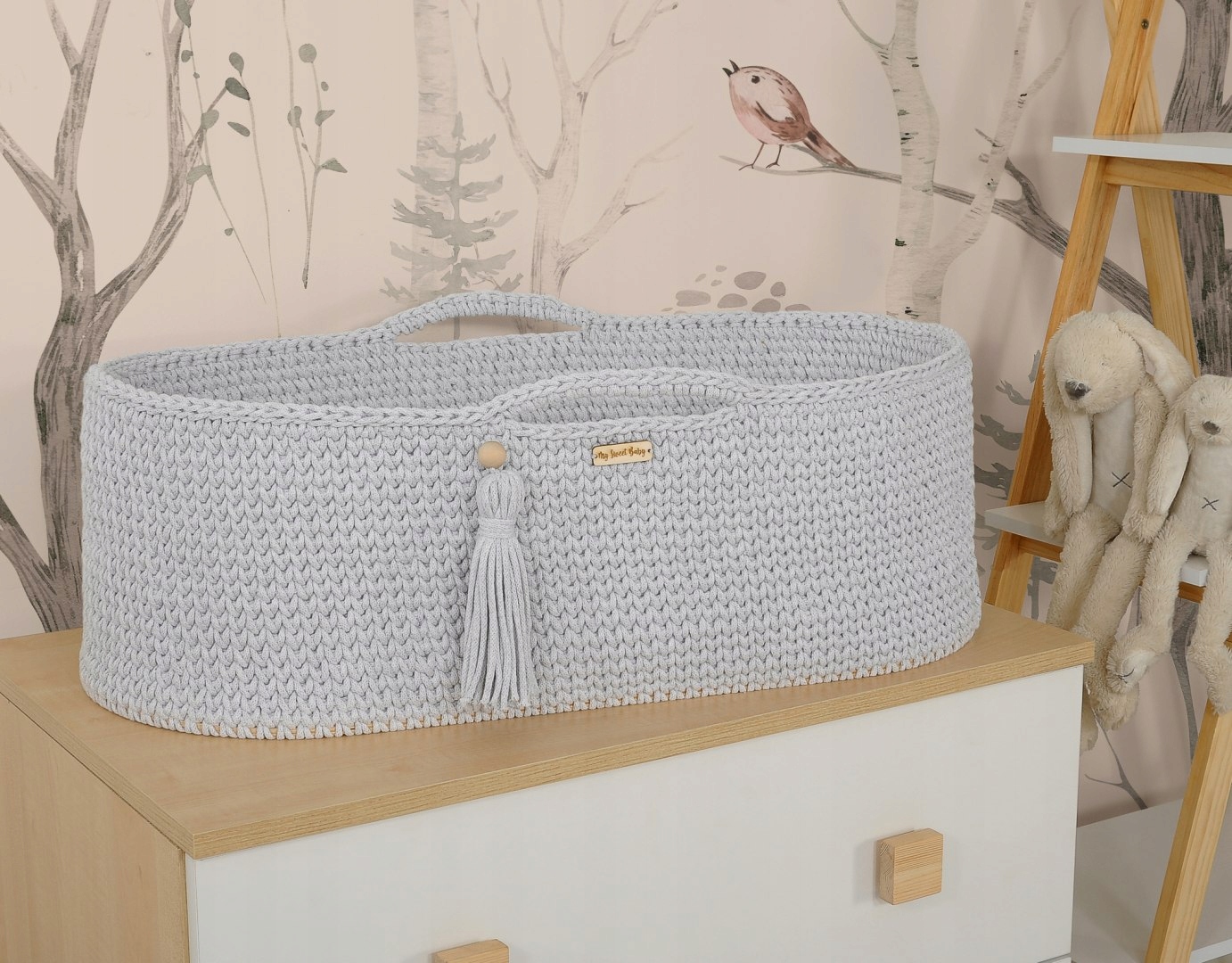 Kosz Mojżesza BOHO Handmade ze stojakiem - jasny s Informacje dodatkowe z materacem