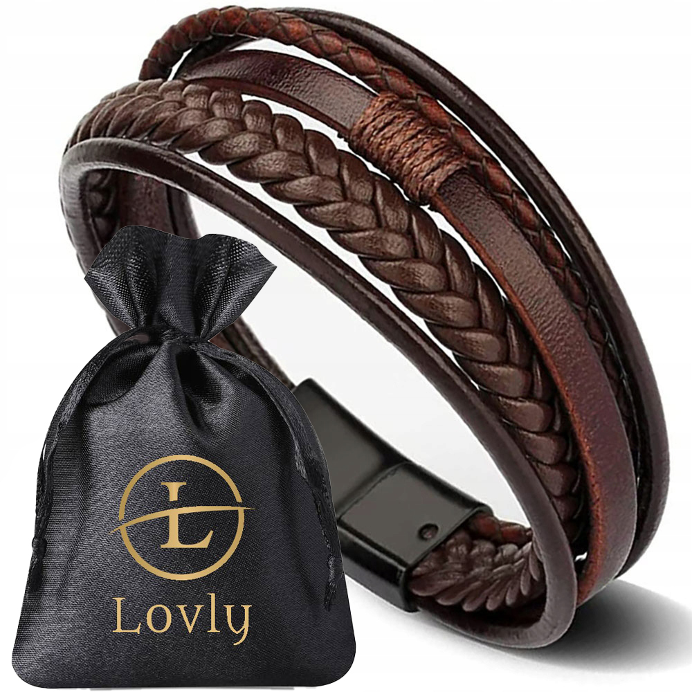 BRĄZOWA SKÓRZANA BRANSOLETKA MĘSKA ELEGANCKA STAL NIERDZEWNA 316L