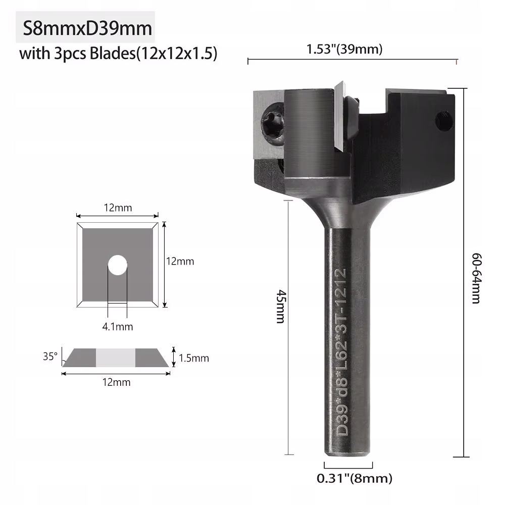 Frez do planowania drewna z wymiennymi płytkami fi 39 mm x 8 mm 3P