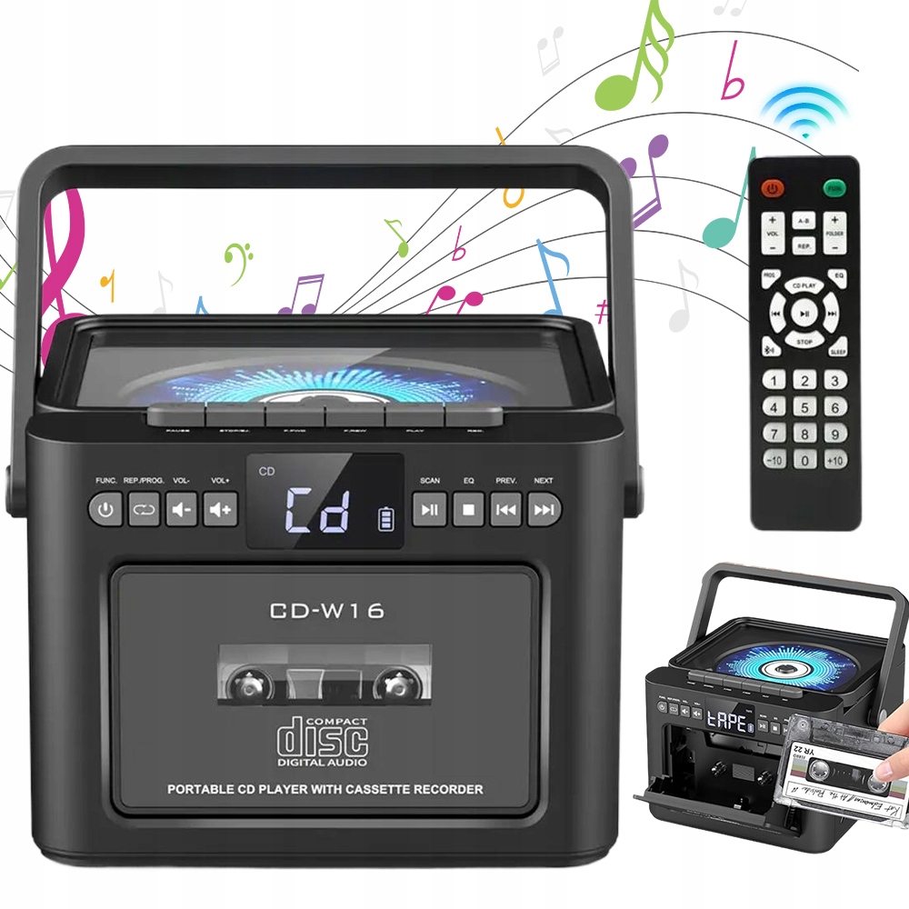 Přenosný Kazetový Přehrávač CD Fm Bluetooth 5.1 S Dálkovým Ovládáním, Černý