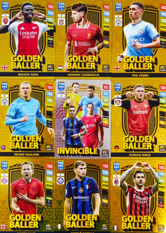 Karty Fifa 365 2025 Rare Top Master Invincible Golden Baller kompletní sada 9 karet