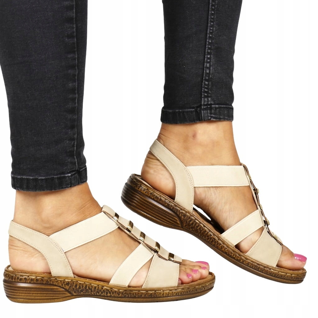 Béžové Sandály Na Klínku, Lehké, Pohodlné, Měkká Stélka, Elastické Gumičky