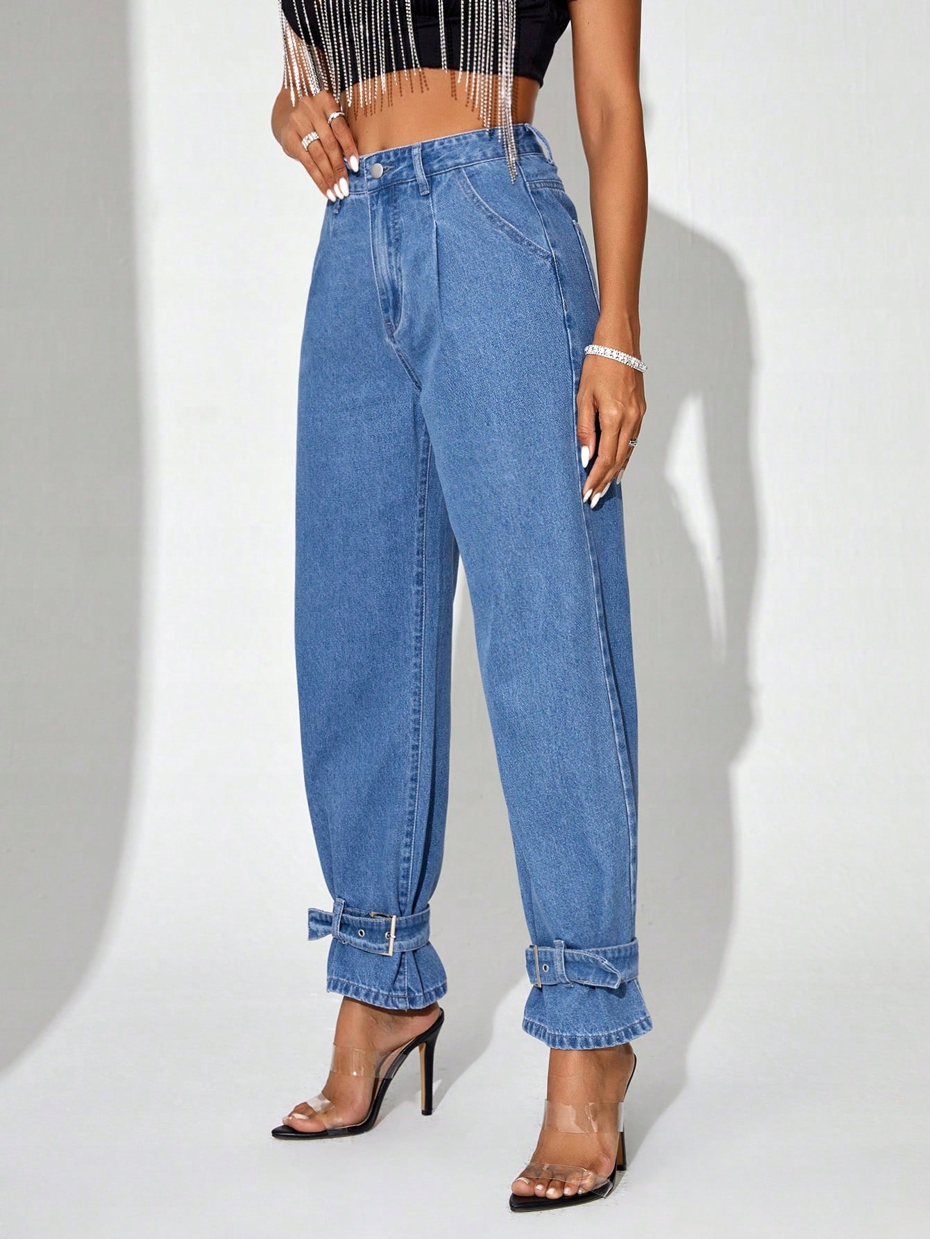 Modré Bootcut Džíny S Vysokým Pasem A Stahovacími Nohavicemi Shein 30