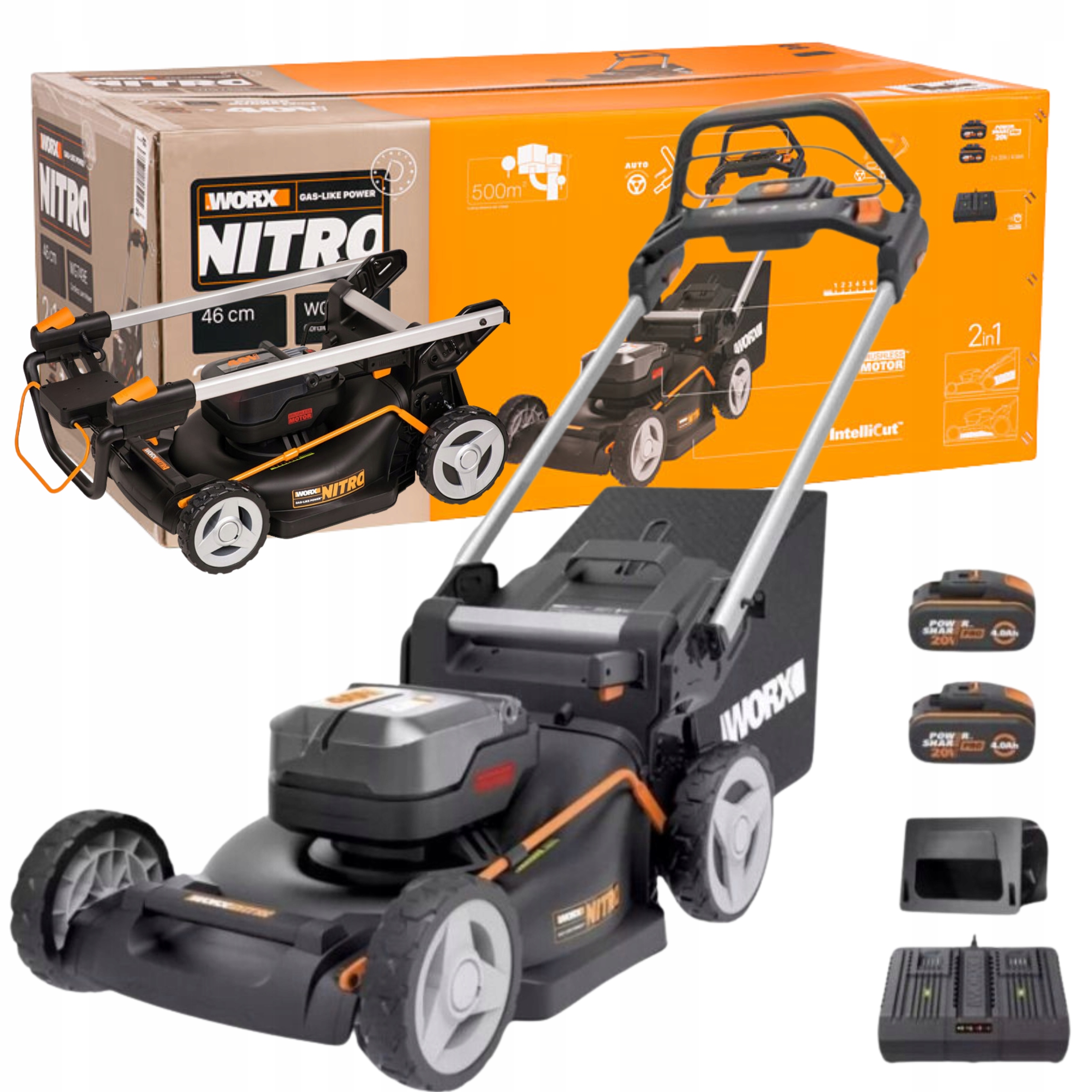Worx WG749E Kosiarka Akumulatorowa 2x4,0Ah 55L 40V 46cm Z Napędem Na Koła