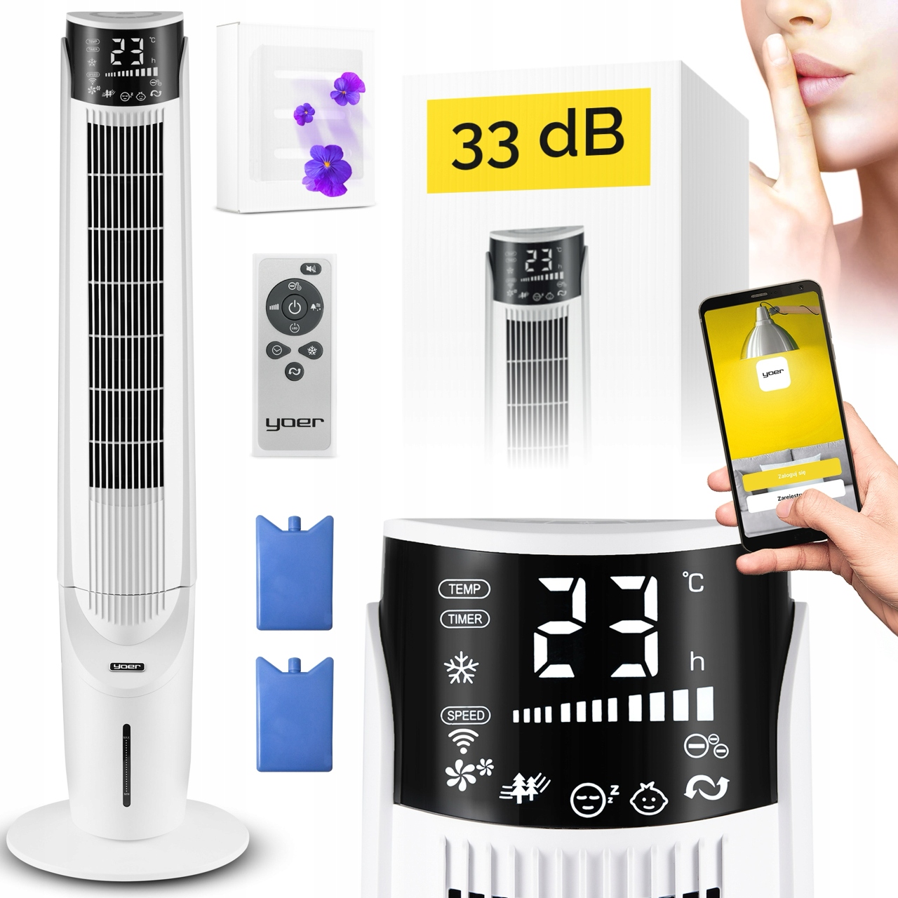 Klimator wodny przenośny Wentylator kolumnowy Cichy 33dB Yoer 6w1 Ion Aroma