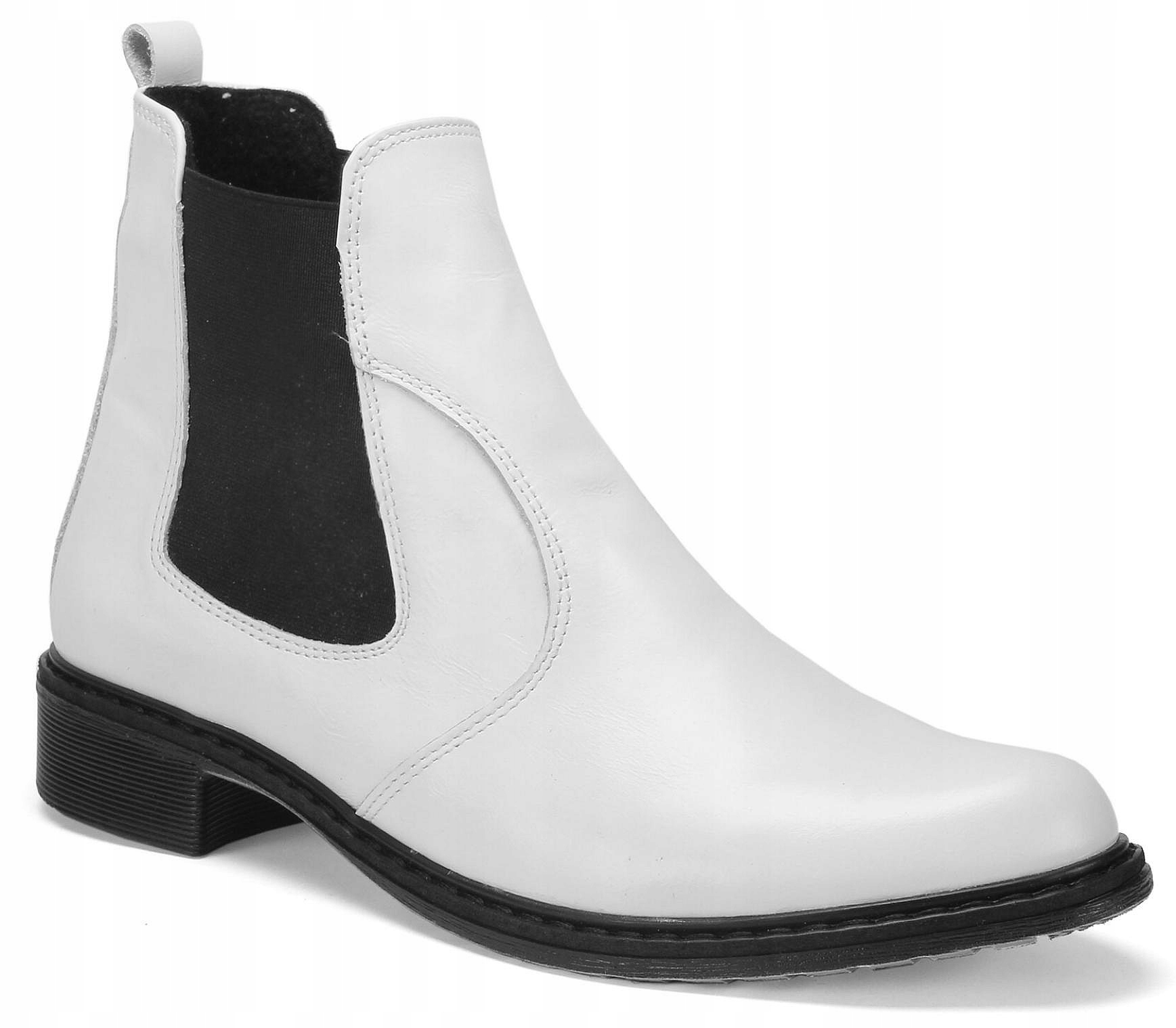 43 BIAŁE BOTKI DAMSKIE SKÓRZANE NA PŁASKIM OBCASIE OCIEPLANE SZTYBLETY