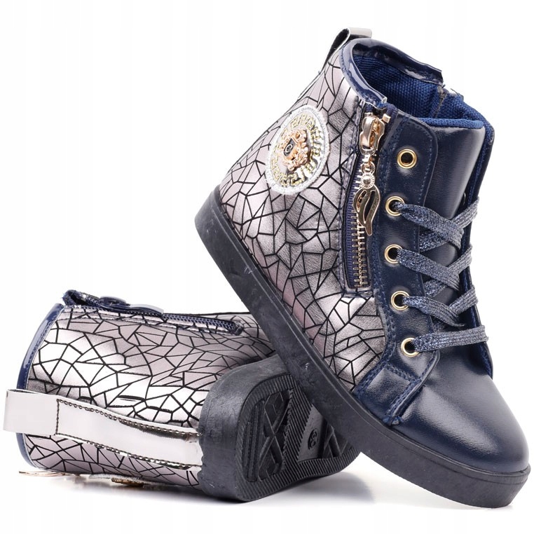 Botki sneakersy płaskie suwaki dziewczęce granat