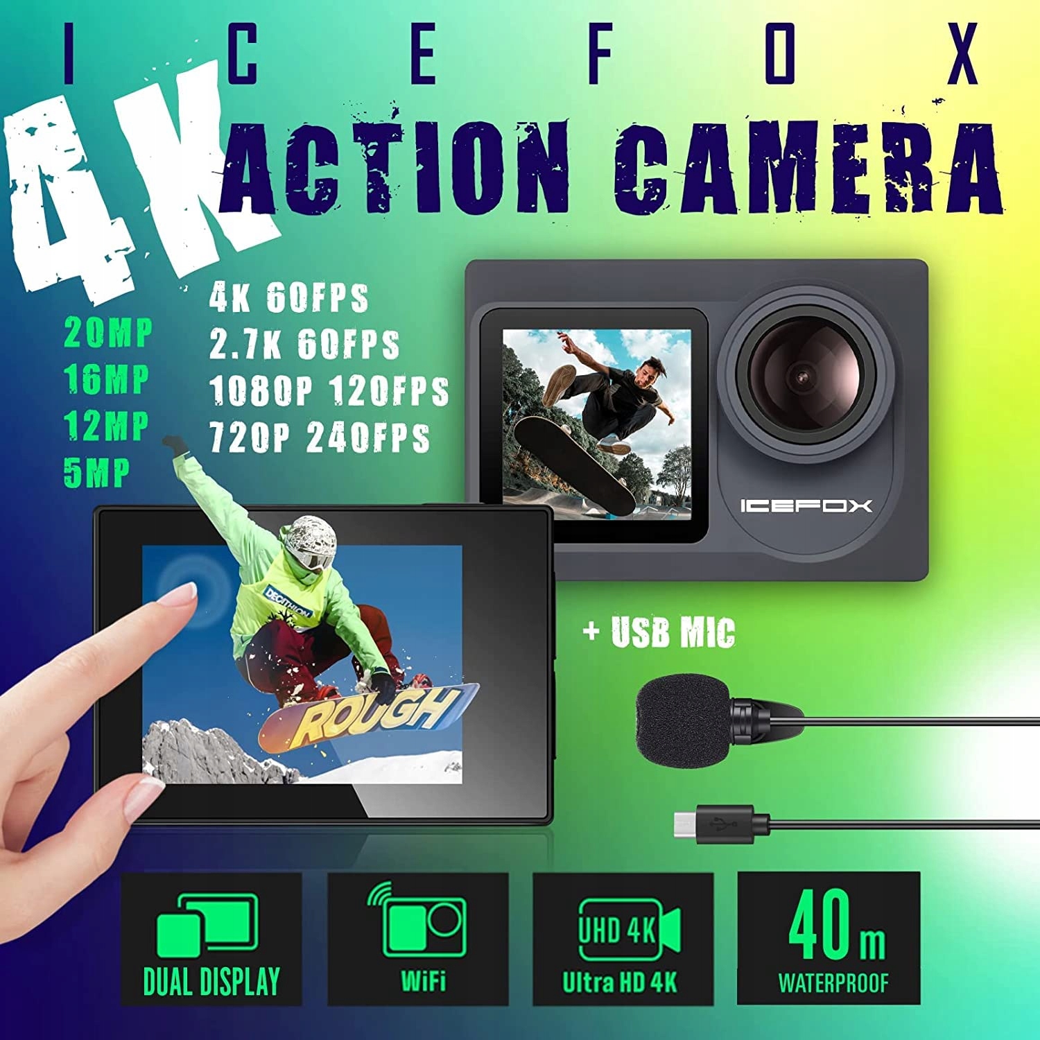 ICEFOX Kamera Sportowa 4K Ultra HD 20MP Wodoodporna 40M WiFi Szerokokątna — miniatura 2