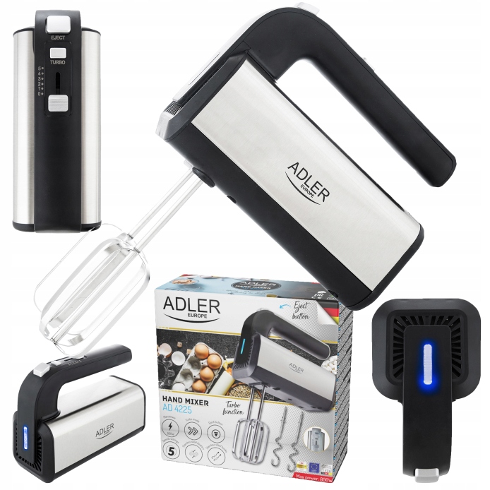 Mikser Ręczny Robot Kuchenny Turbo Moc 800W 5 Prędkości 4 Końcówki Inox Led