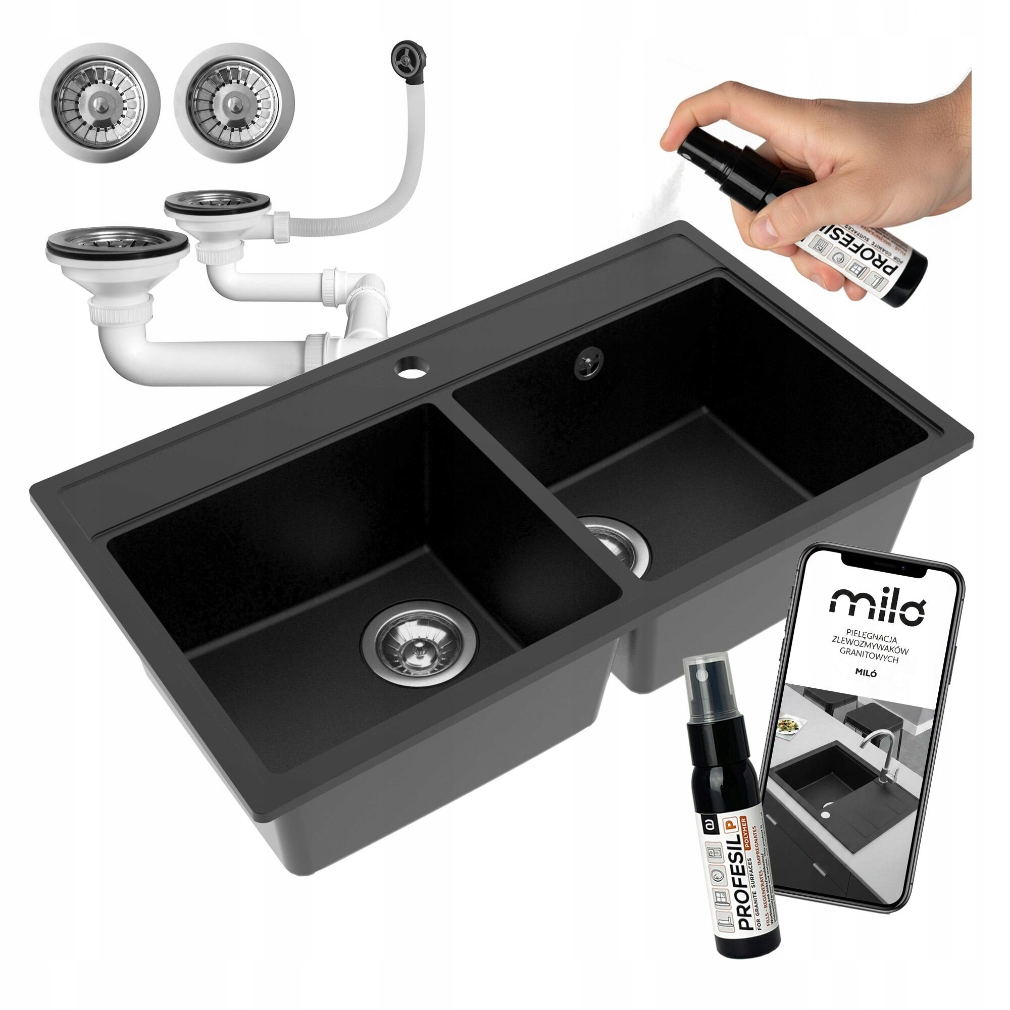 Granitový Dvojkomorový Kuchynský Drez Miló Metro Sifón