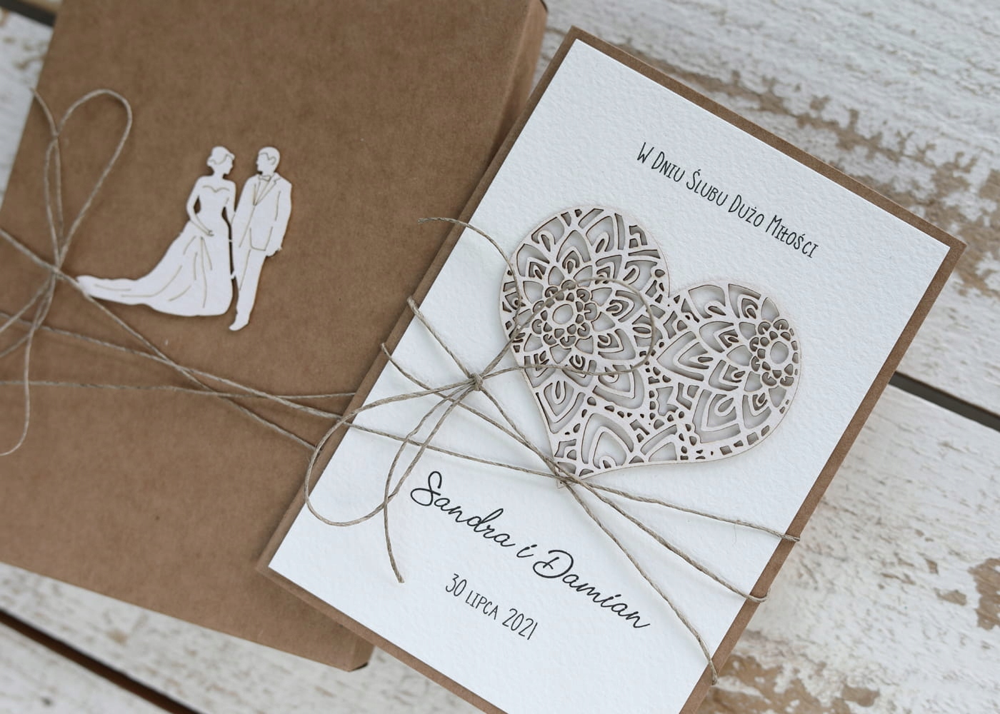 Rustikální svatební přáníčko vyrobené ručně se srdcem