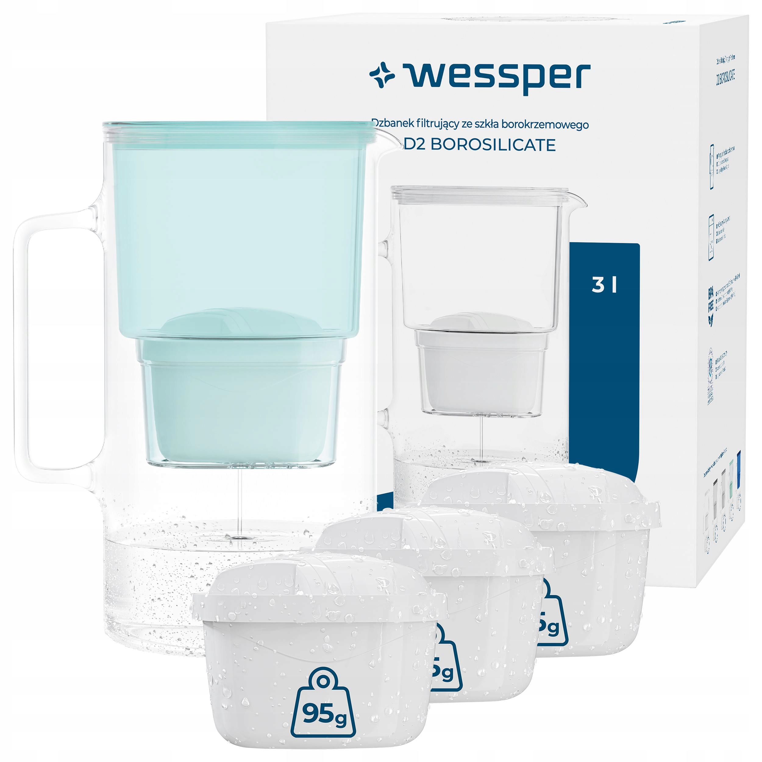 Dzbanek szklany filtrujący Wessper D2 Borosilicate 3l miętowy 4x filtr