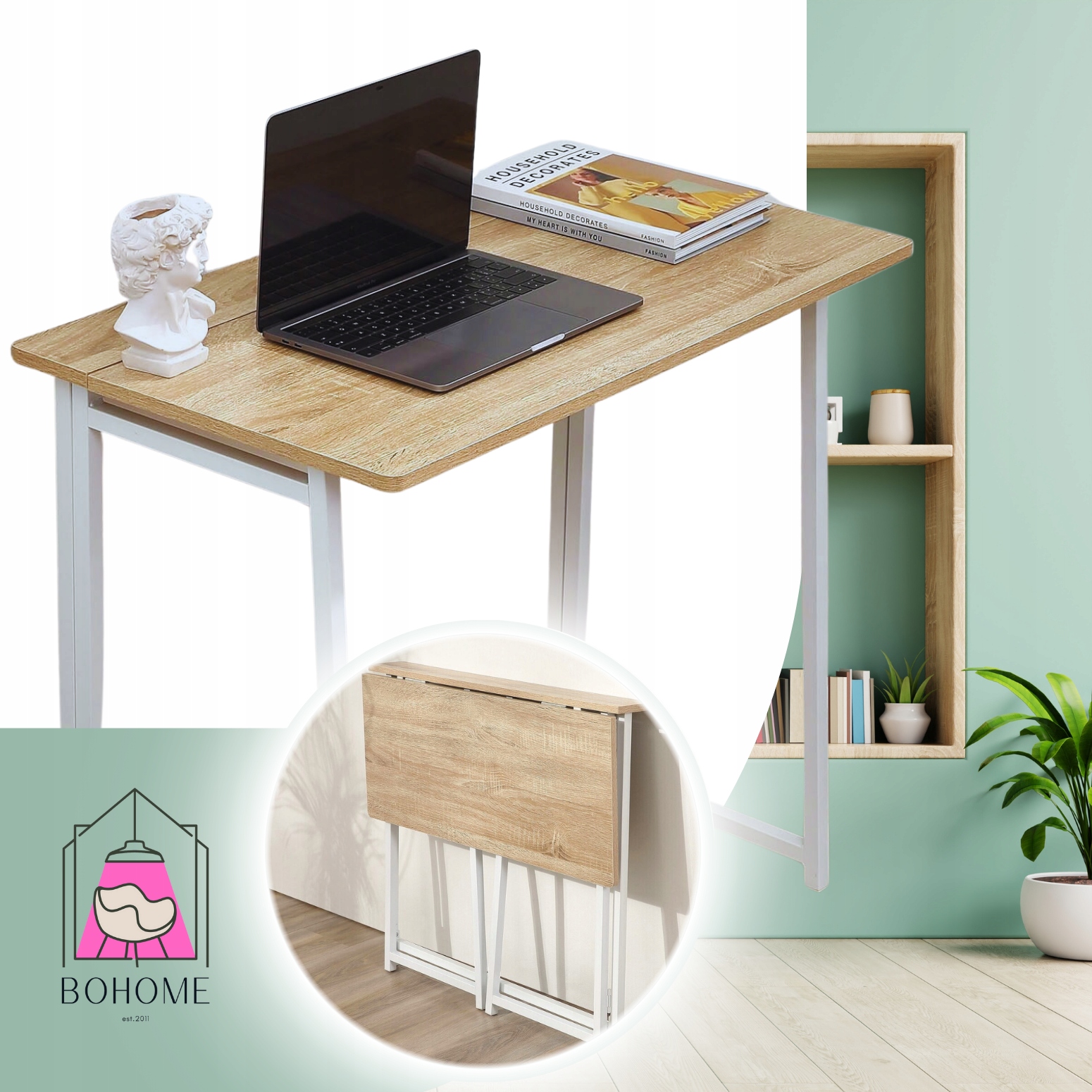 Składane Biurko BoHome Stolik Toaletka Komputerowe Prostokątne Białe Drewno