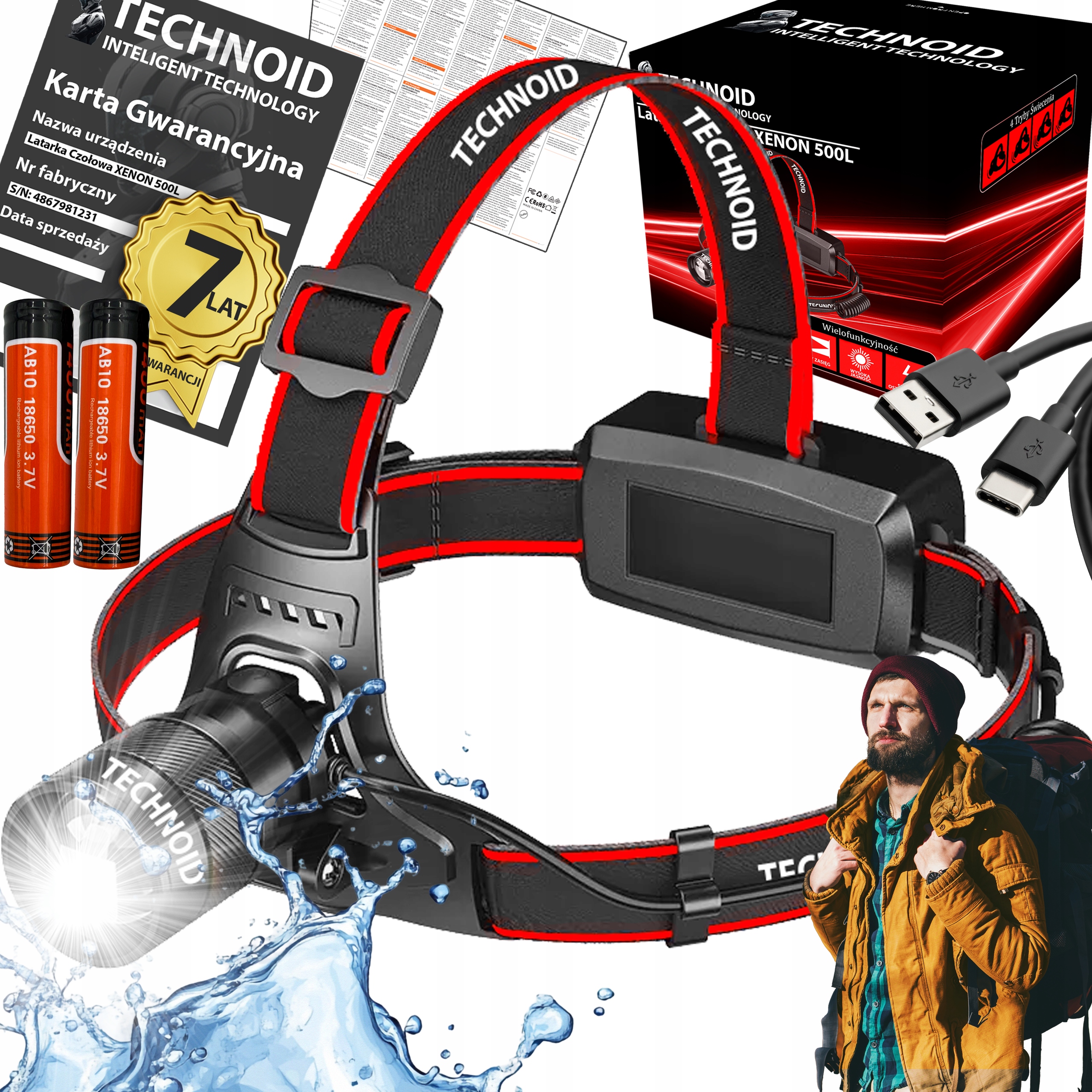 LATARKA CZOŁOWA LED CZOŁOWKA 1000m WODOODPORNA USB-c 5000LM MOC TURBO IPX7