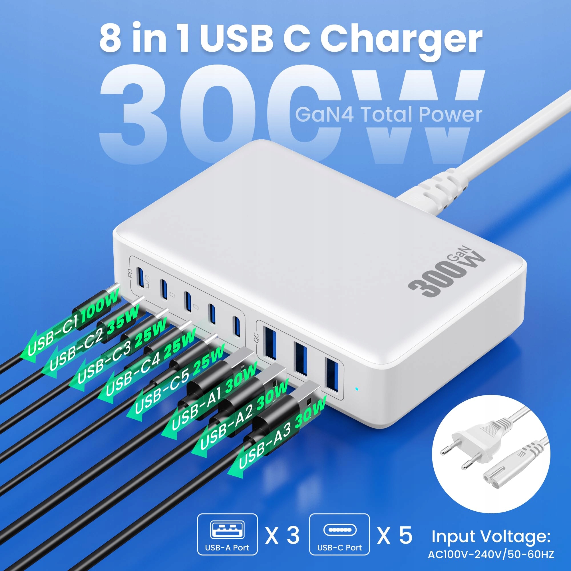 QODJN Ładowarka USB C 300W 8 Portów Szybkie Ładowanie Laptop MacBook iPhone — miniatura 2