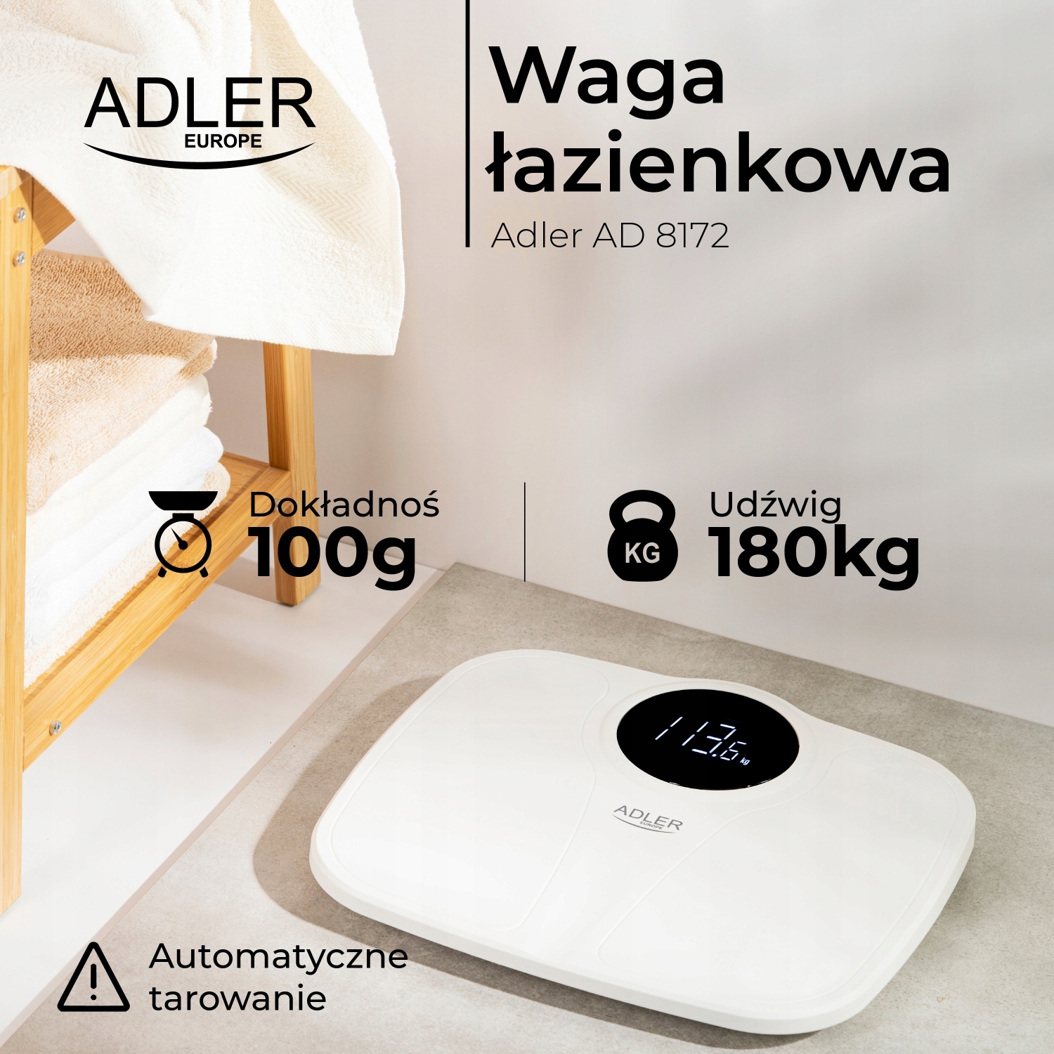 Waga łazienkowa AD8172 biała - 180kg, dokładna, LED, automatyczne tarowanie