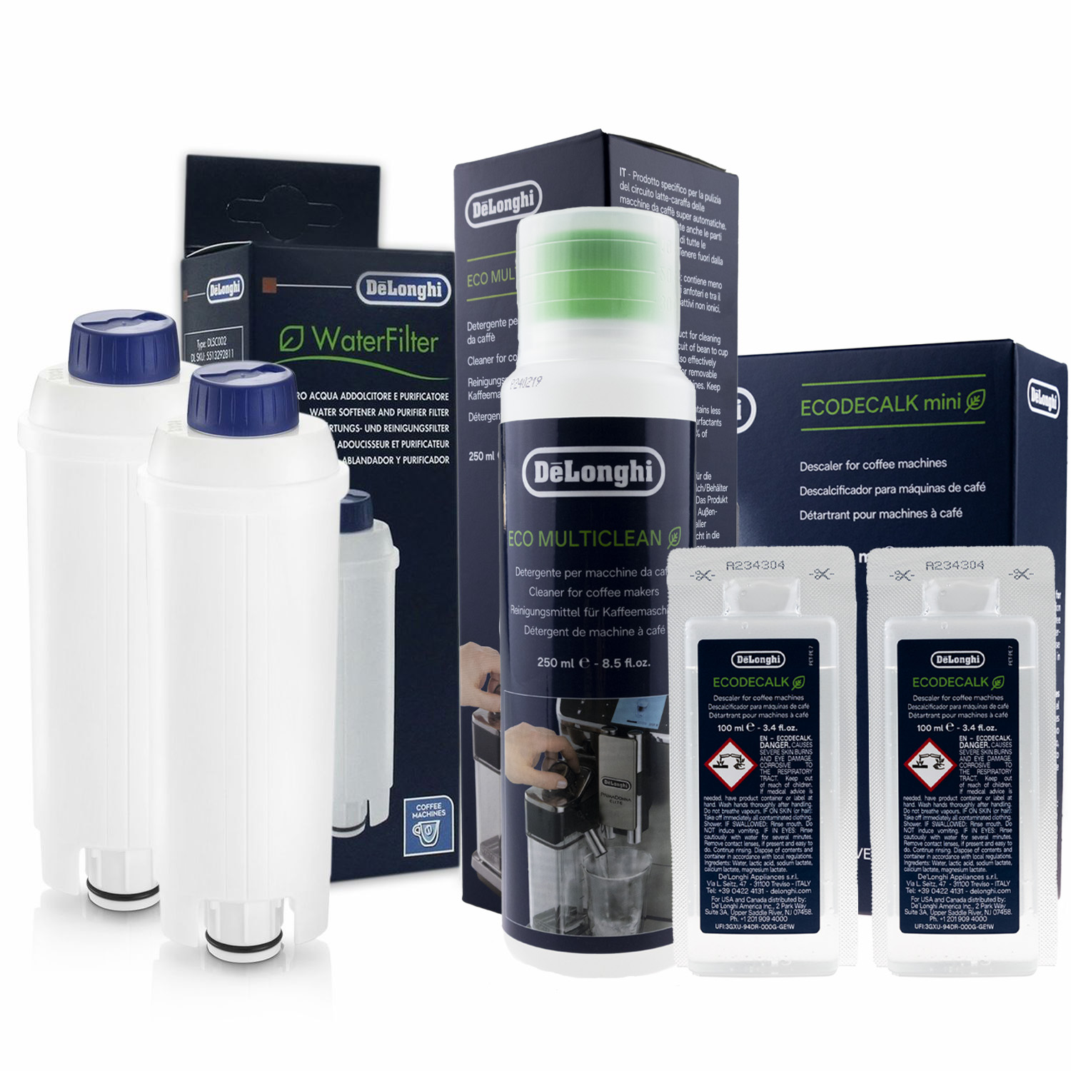 Zestaw Delonghi, Filtr DLSC002 2 szt, EcoDecalk 200ml, Płyn SER3013 250ml
