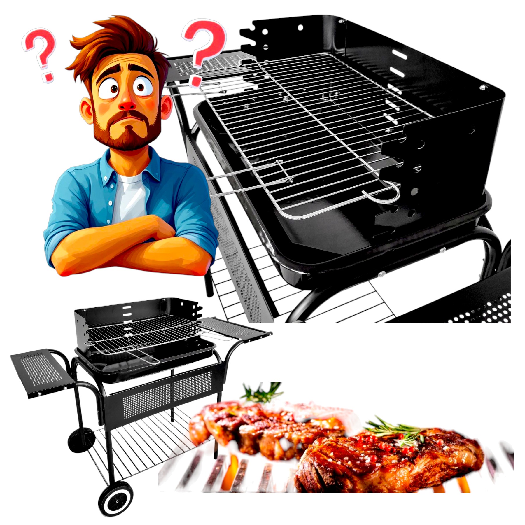 Grill węglowy ogrodowy przenośny metalowy z półką i kółkami 53x34 cm