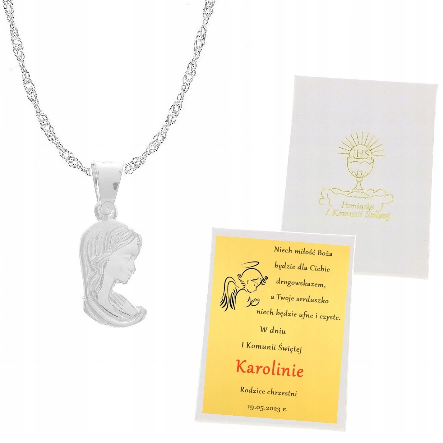 SREBRNY NASZYJNIK Z MEDALIKIEM I KOMUNIA ŚW GRAWER
