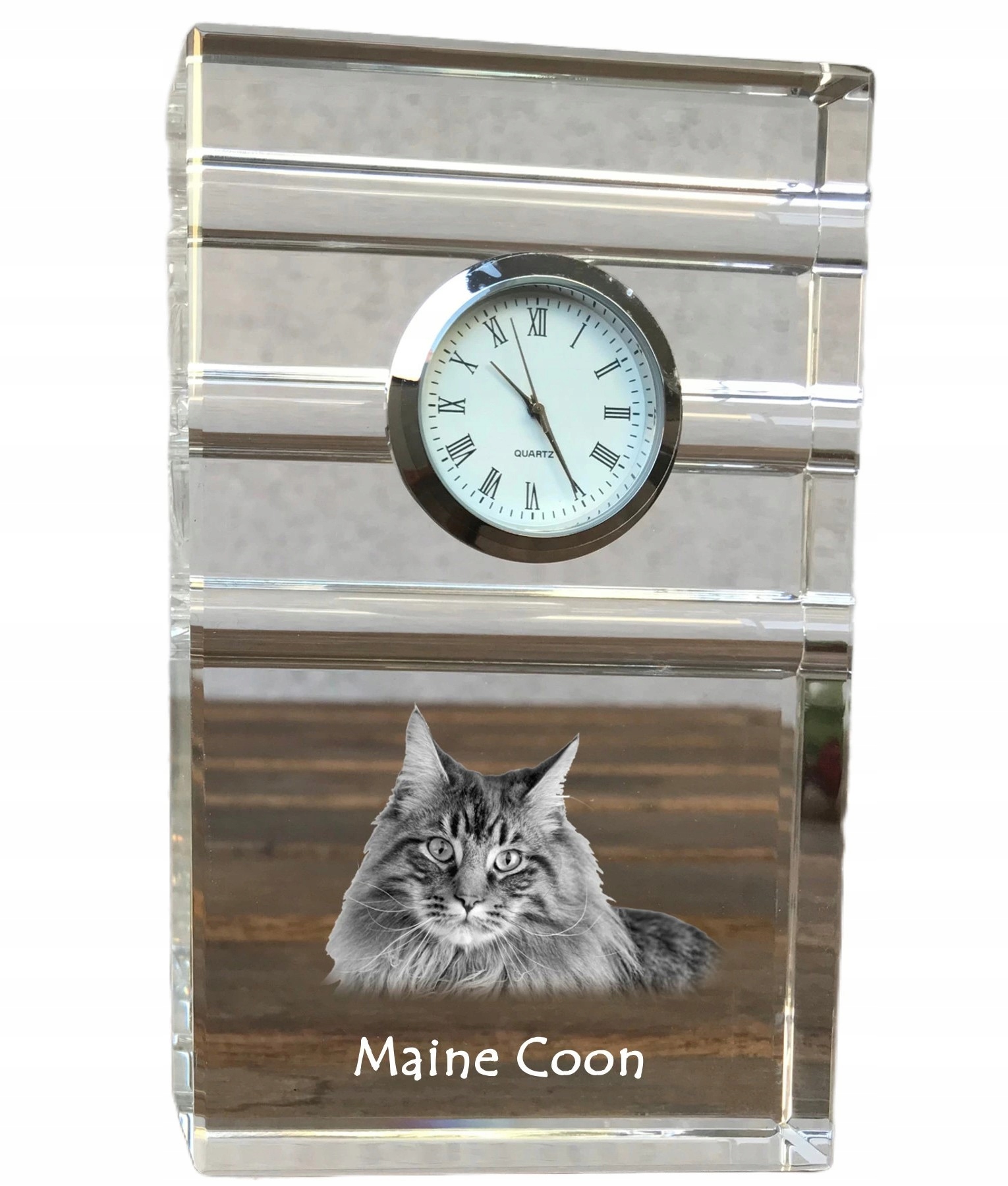 Maine Coon krištáľové stolové hodinky s vašou fotografiou, suvenír
