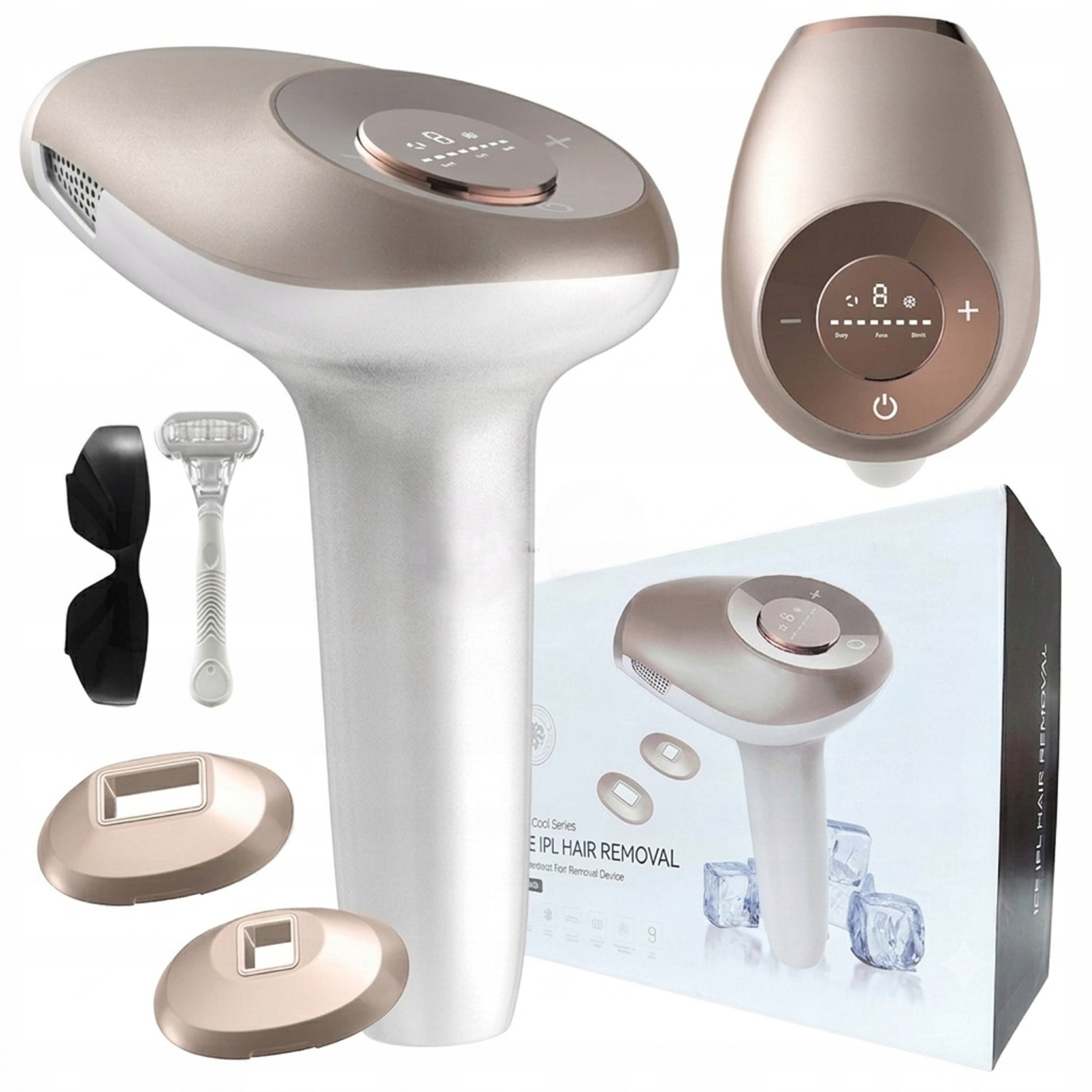 Depilator Ipl Laserowy Bezbolesny 9 Stopni Mocy Chłodzenie Filtr Uv Nasadki