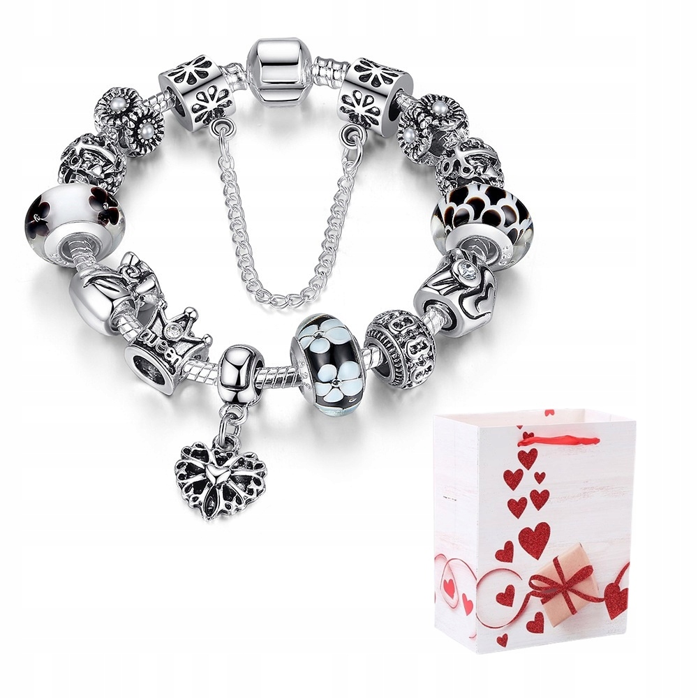 Stříbrný modulární náramek 20 cm Srdce Korálky Charms Beads Černá